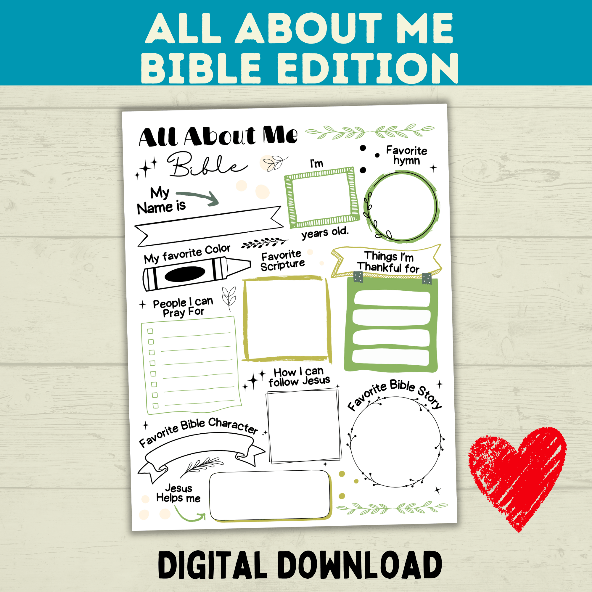 All About Me Bible Christian Worksheet for Kids, Sunday School Activity