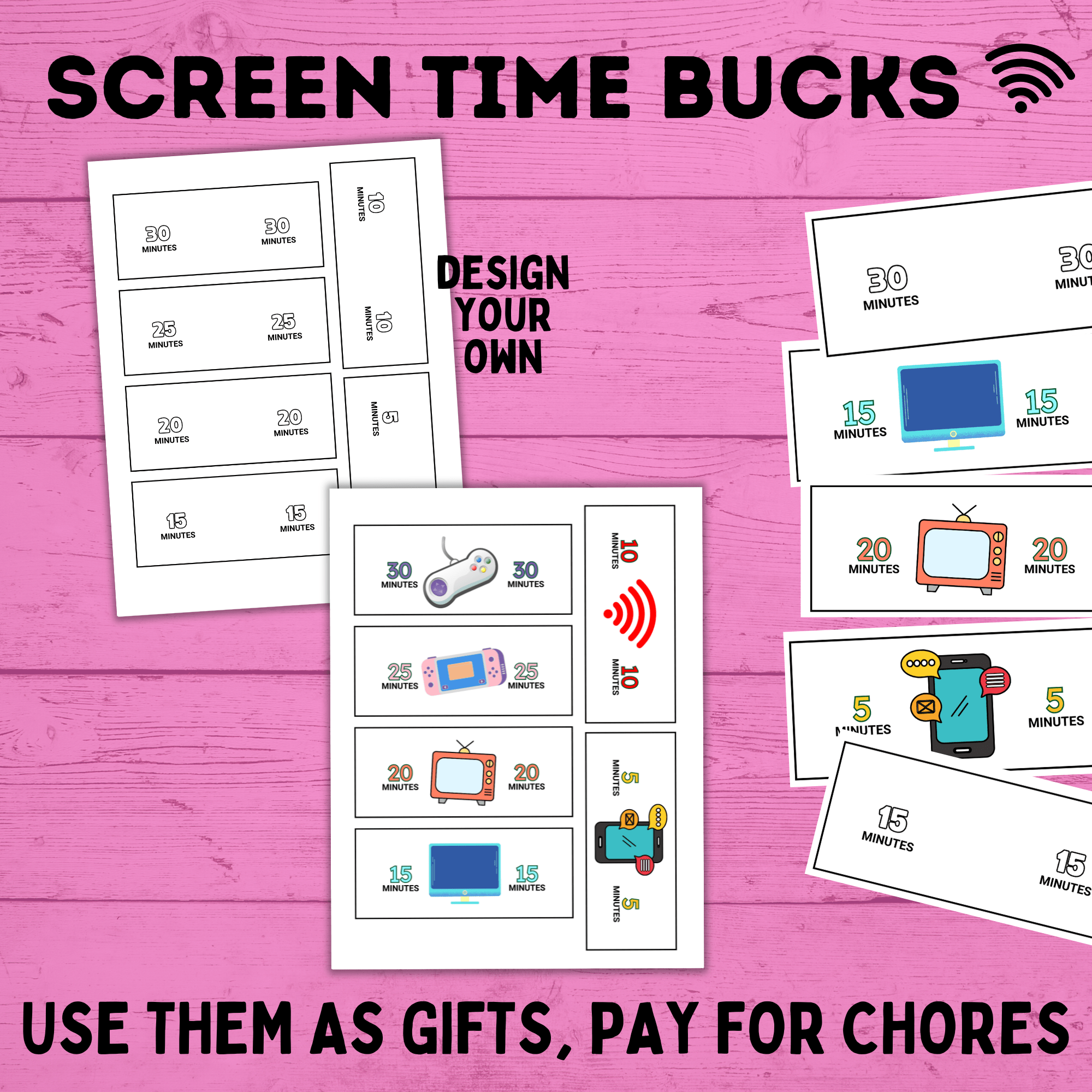 Screen Time Bucks for Kids and Moms | Earn Screen Time | Screen Time Chart | Screen Time Money | Screen Time Cash | TV Bucks | Technology