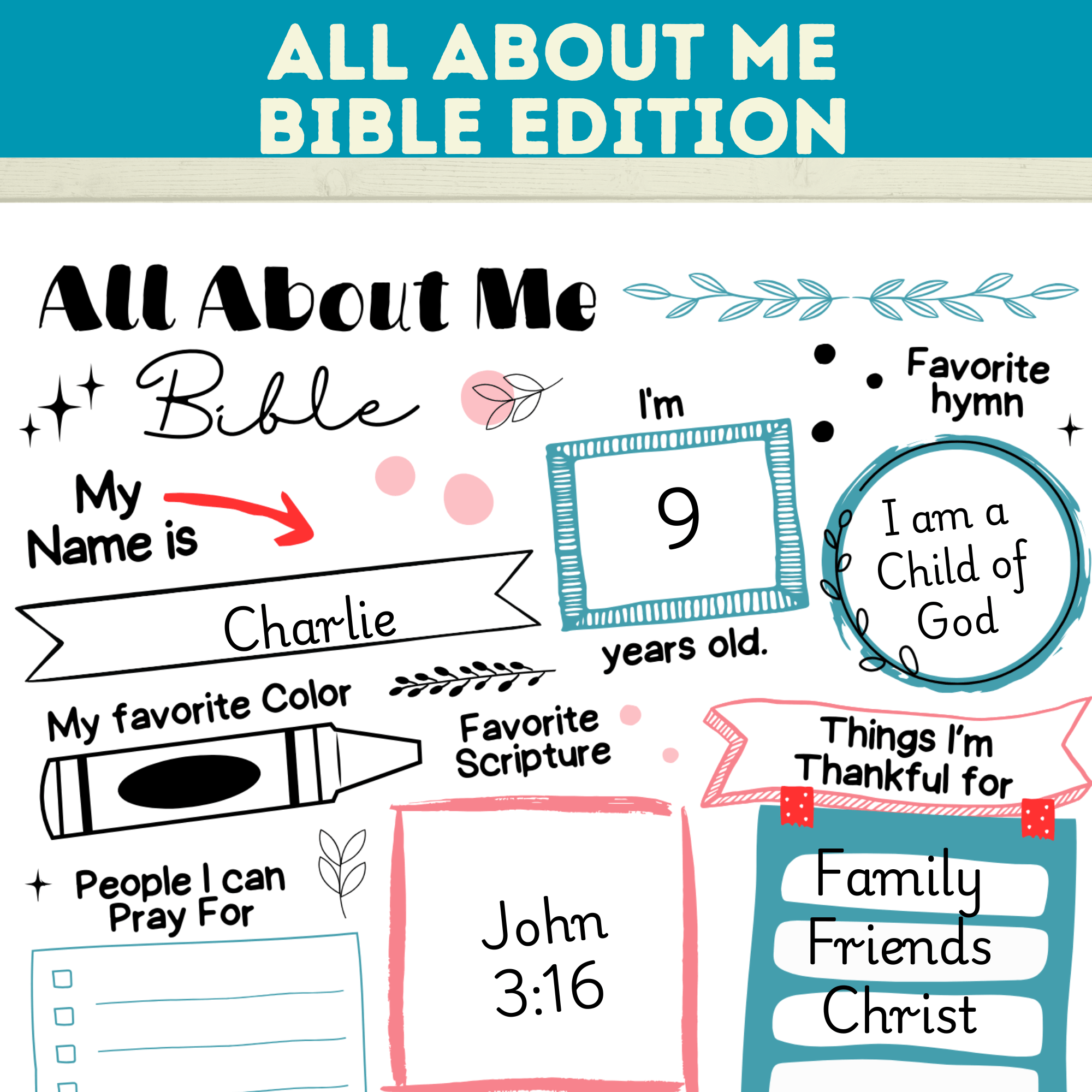 All About Me Bible Christian Worksheet for Kids, Sunday School Activity