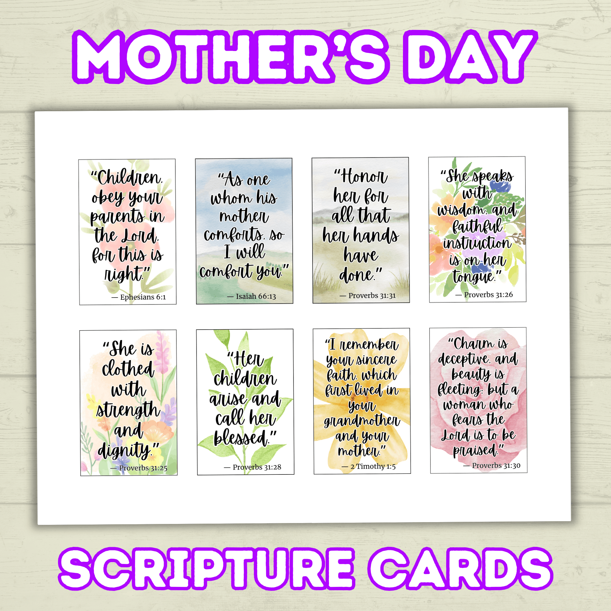 Mother's Day Scripture Cards, Floral Scripture Cards, Watercolor scripture cards, Bible verse cards for Moms, Church Gift Tag, Proverbs 31