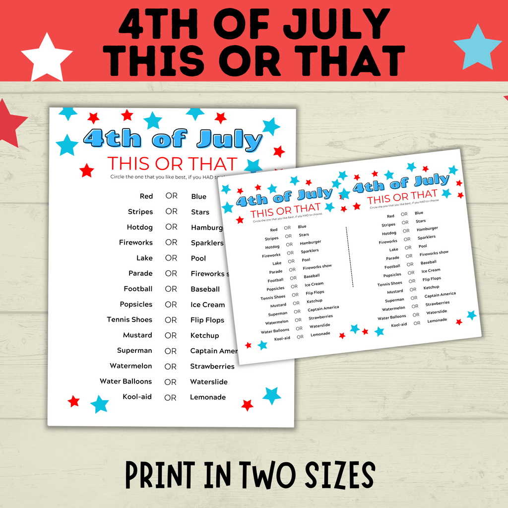 4th of July Game | 4th of July This or That | 4th of July Party Game | Kids Games | Family Games | Independence Day | 4th of July Printable