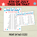 4th of July Game | 4th of July This or That | 4th of July Party Game | Kids Games | Family Games | Independence Day | 4th of July Printable