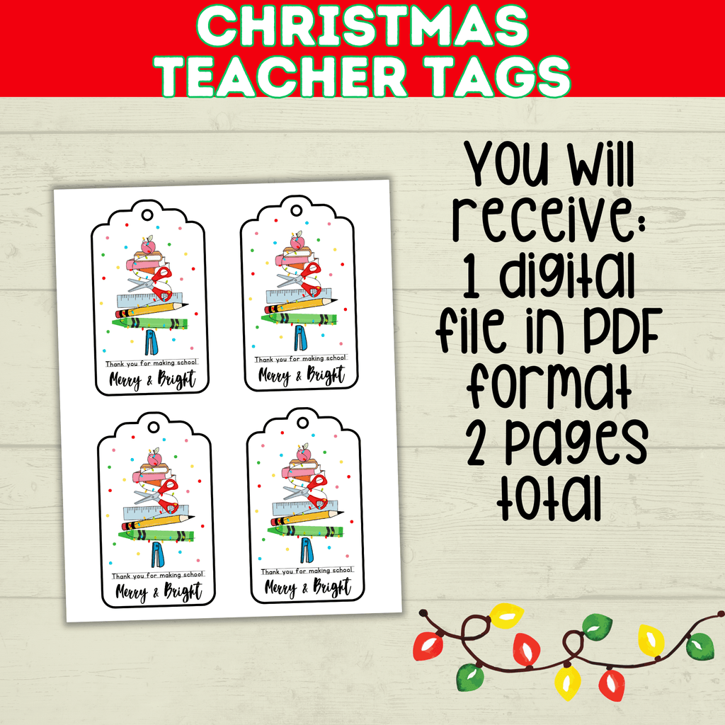 Christmas Classroom Teacher Tags Printable from Kids, Merry and Bright Holiday Gift, PDF Digital Download