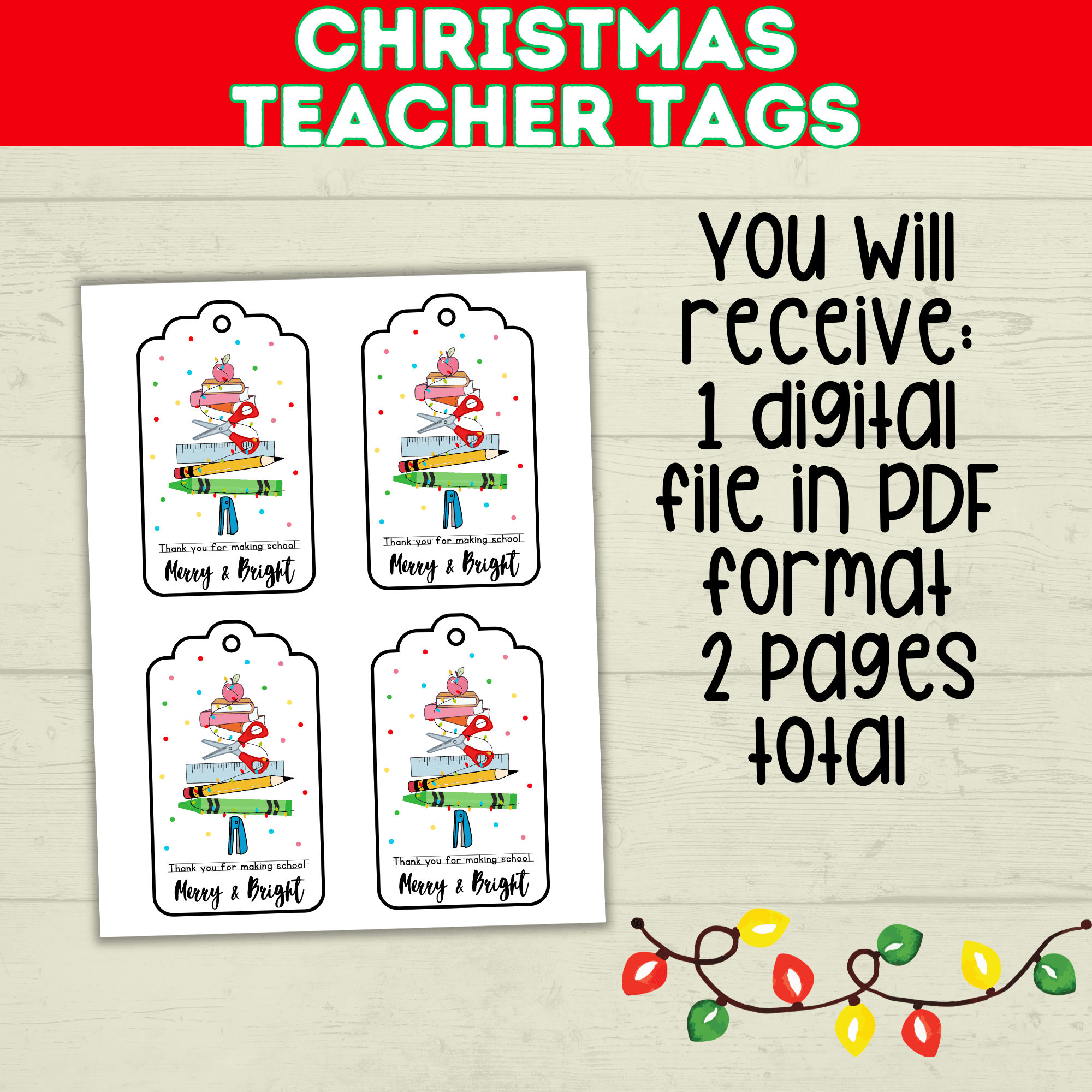 Christmas Classroom Teacher Tags Printable from Kids, Merry and Bright Holiday Gift, PDF Digital Download