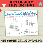 4th of July Game | 4th of July This or That | 4th of July Party Game | Kids Games | Family Games | Independence Day | 4th of July Printable