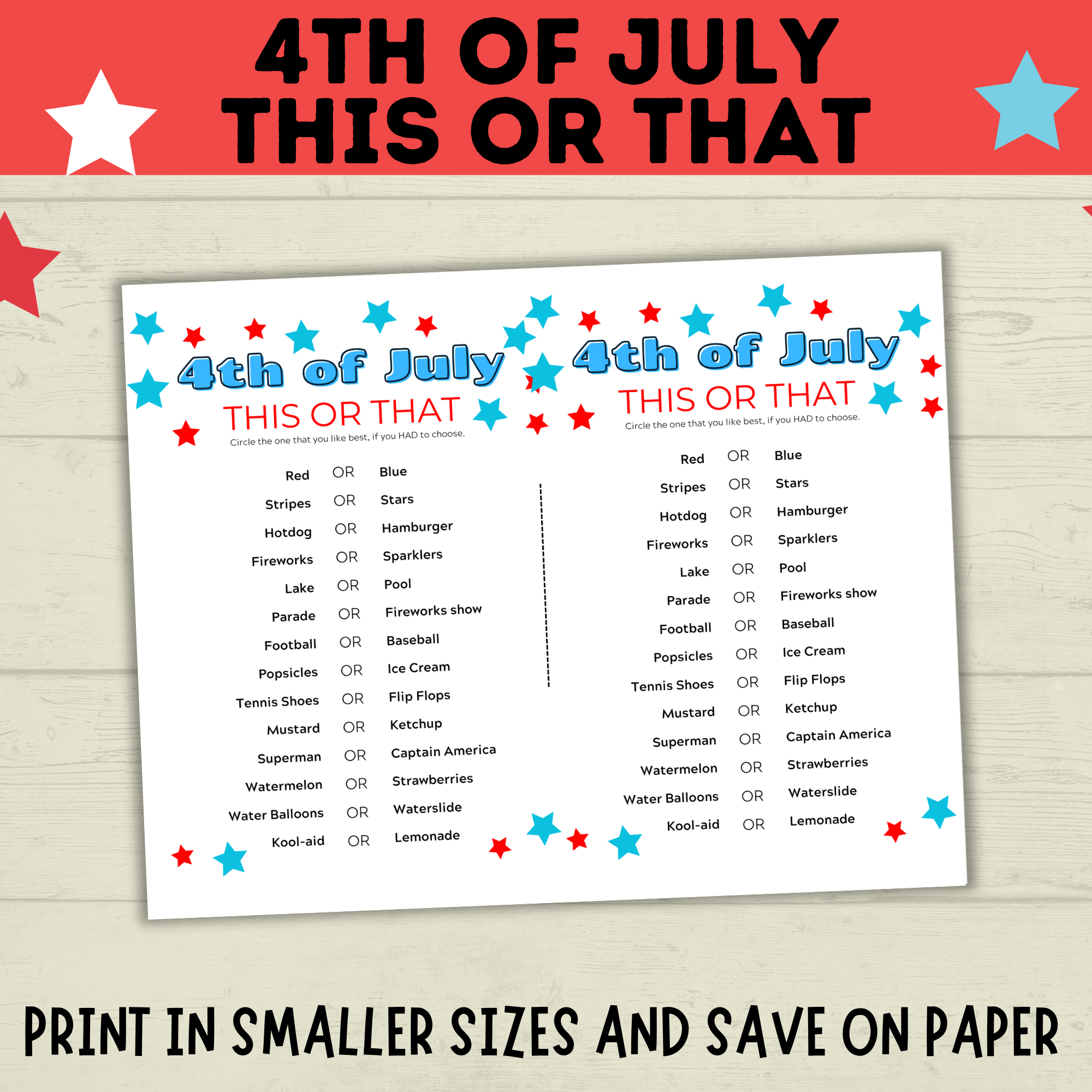 4th of July Game | 4th of July This or That | 4th of July Party Game | Kids Games | Family Games | Independence Day | 4th of July Printable