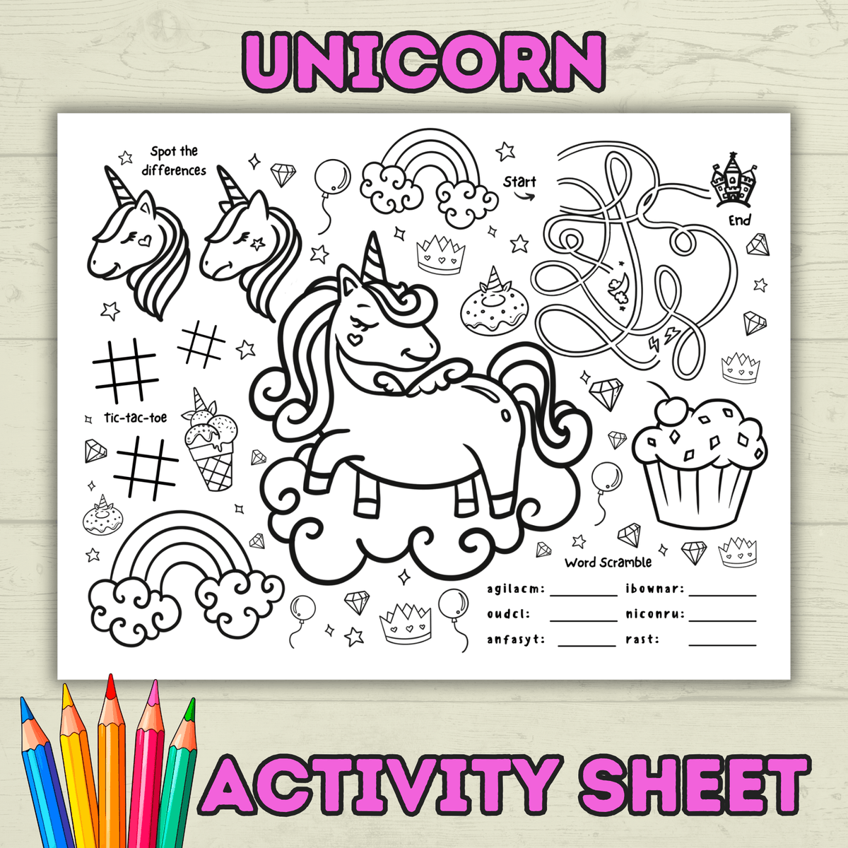 Unicorn Activity Page, Party Activity Page, Unicorn Party, Birthday Party Placemat, Kids Coloring Page, Classroom, Homeschool, Unicorn