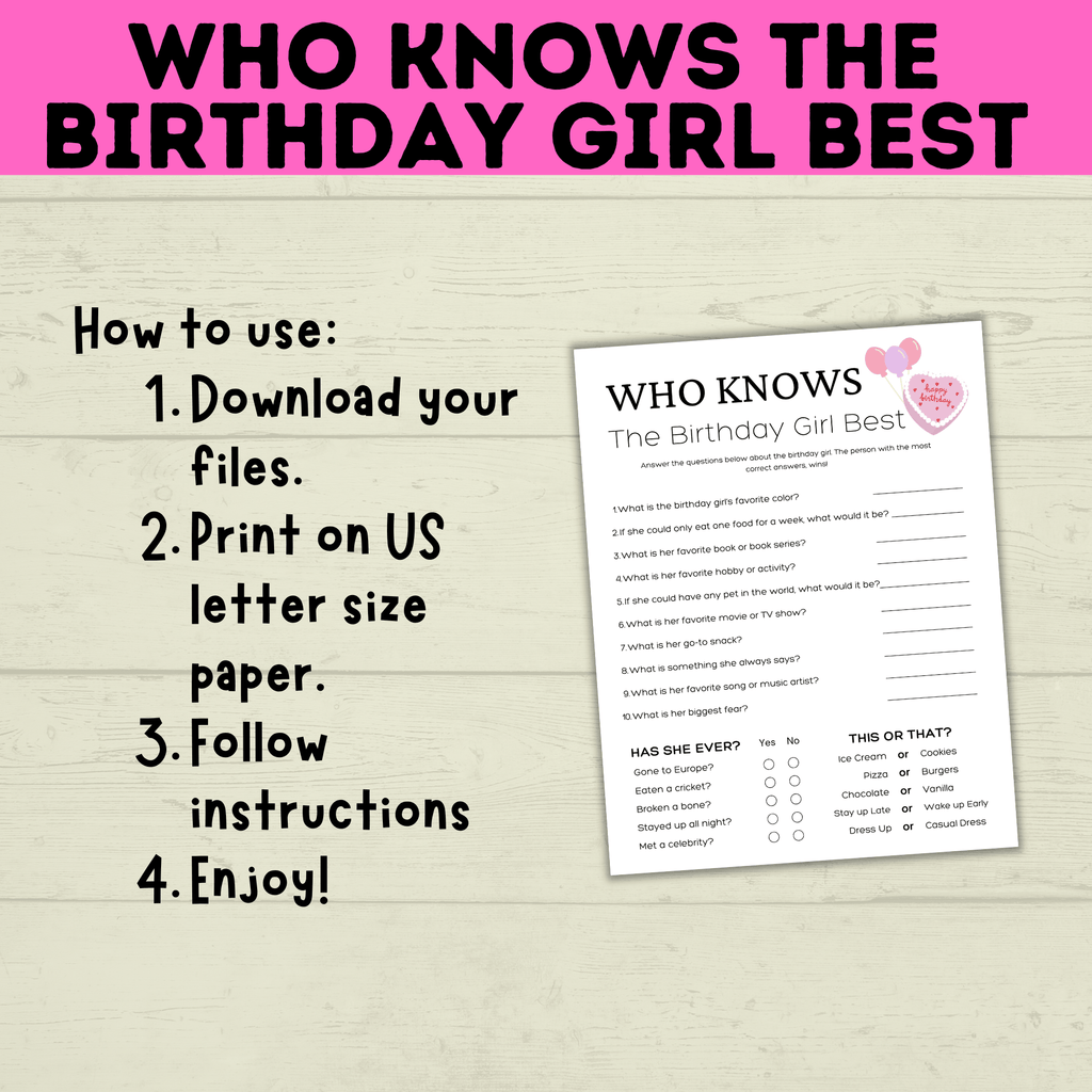 Birthday Girl Trivia Game | Birthday Girl Game | Birthday | Kids Printables | Birthday Printable | Who Knows Them Best