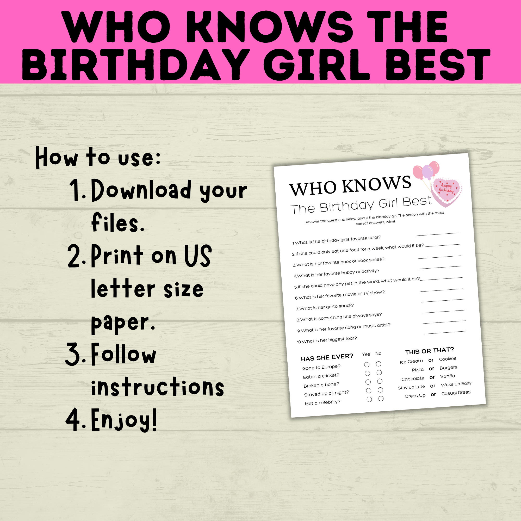 Birthday Girl Trivia Game | Birthday Girl Game | Birthday | Kids Printables | Birthday Printable | Who Knows Them Best