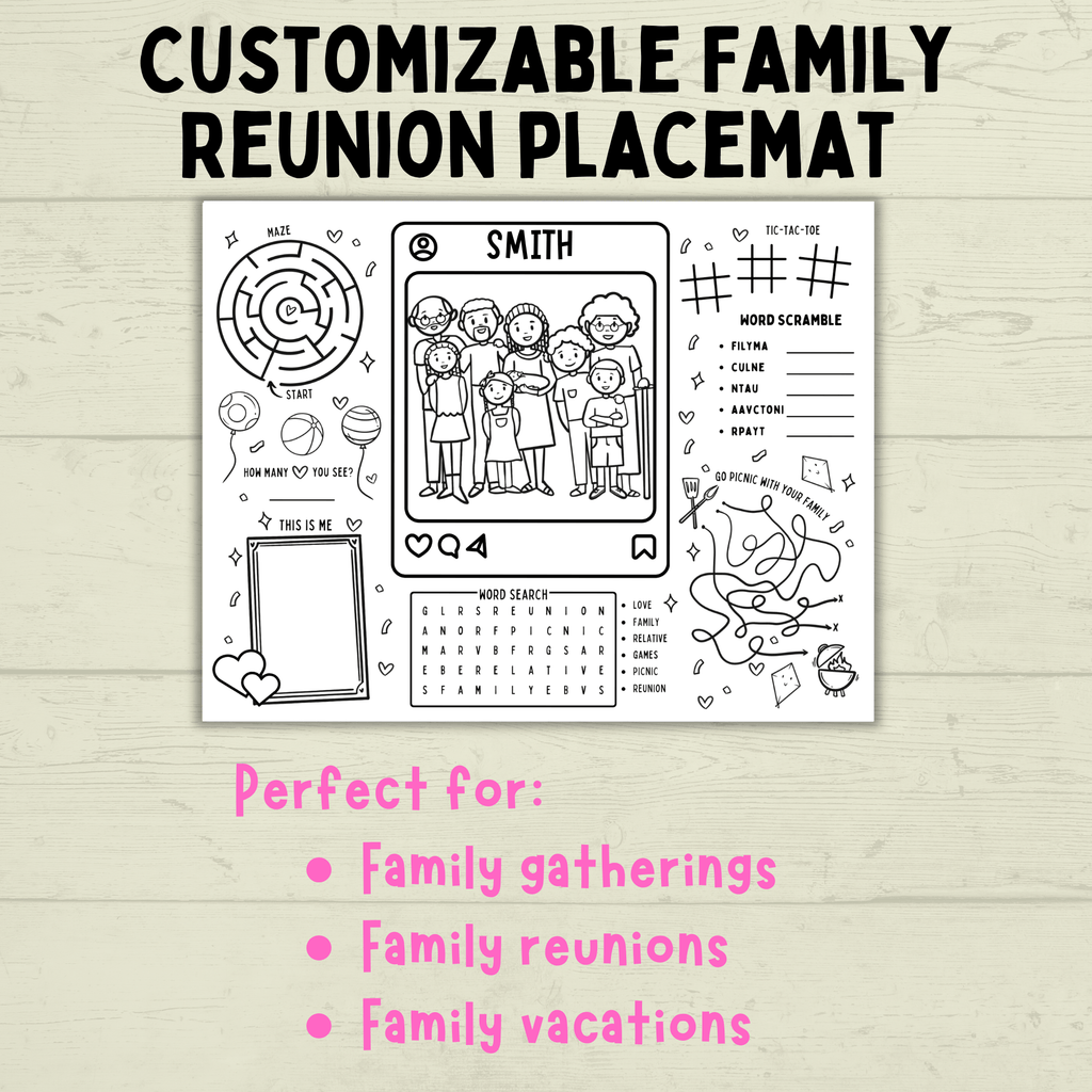 Family Reunion Activity Sheet | Family Reunion Placemat | Family Activity | Family Game | Customizable placemat | Kids Activity Sheet