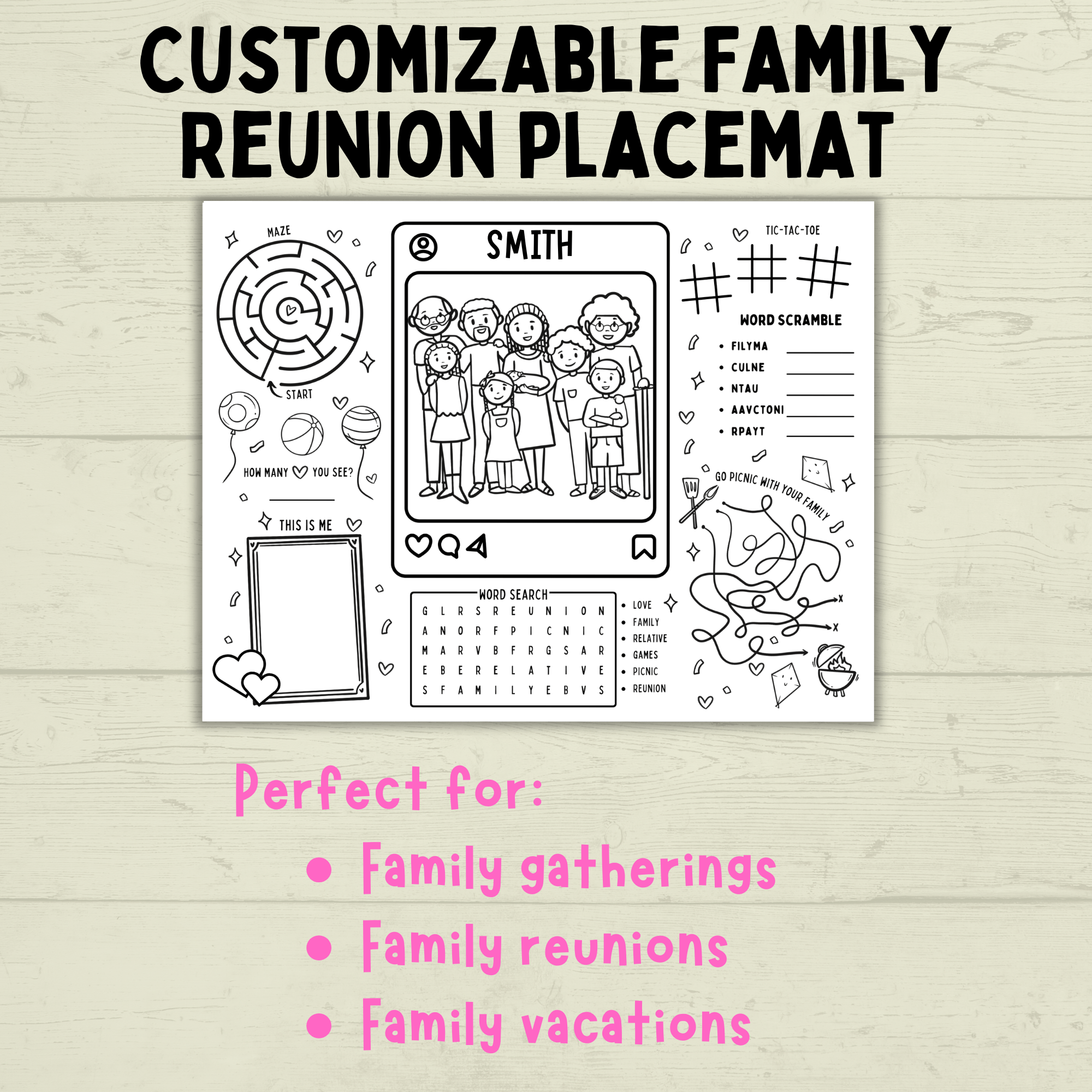 Family Reunion Activity Sheet | Family Reunion Placemat | Family Activity | Family Game | Customizable placemat | Kids Activity Sheet