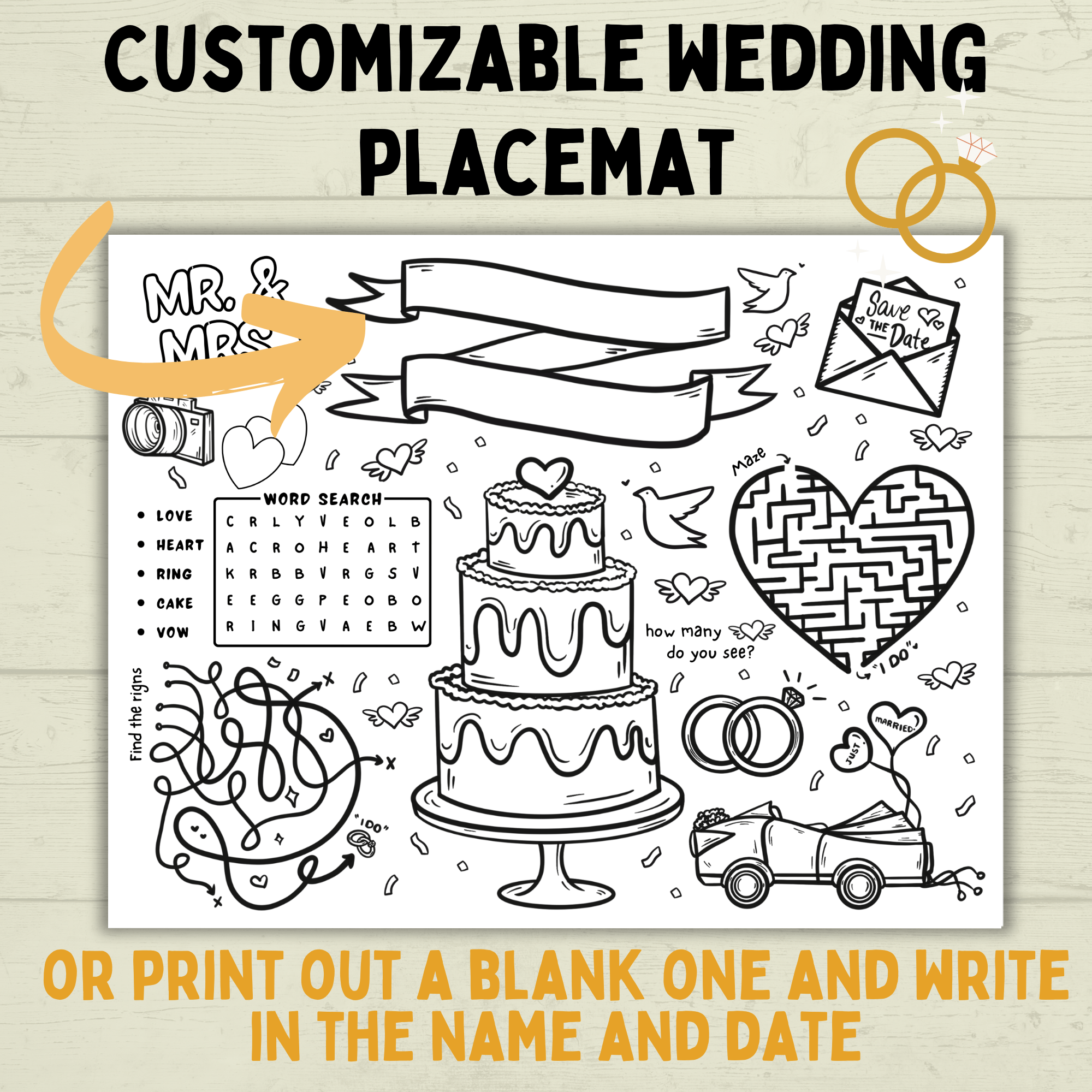 Customizable Wedding Placemat for Kids and Family | Wedding Activity Page | Wedding Placemat | Engagement Activity | Kids Activity |