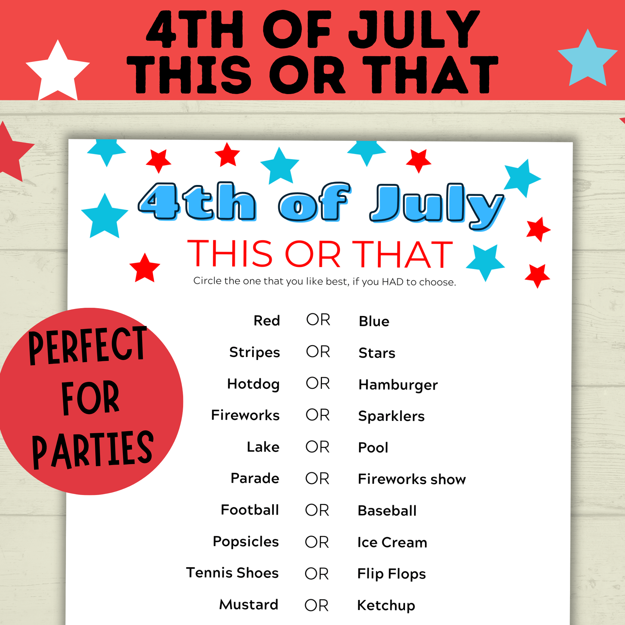 4th of July Game | 4th of July This or That | 4th of July Party Game | Kids Games | Family Games | Independence Day | 4th of July Printable