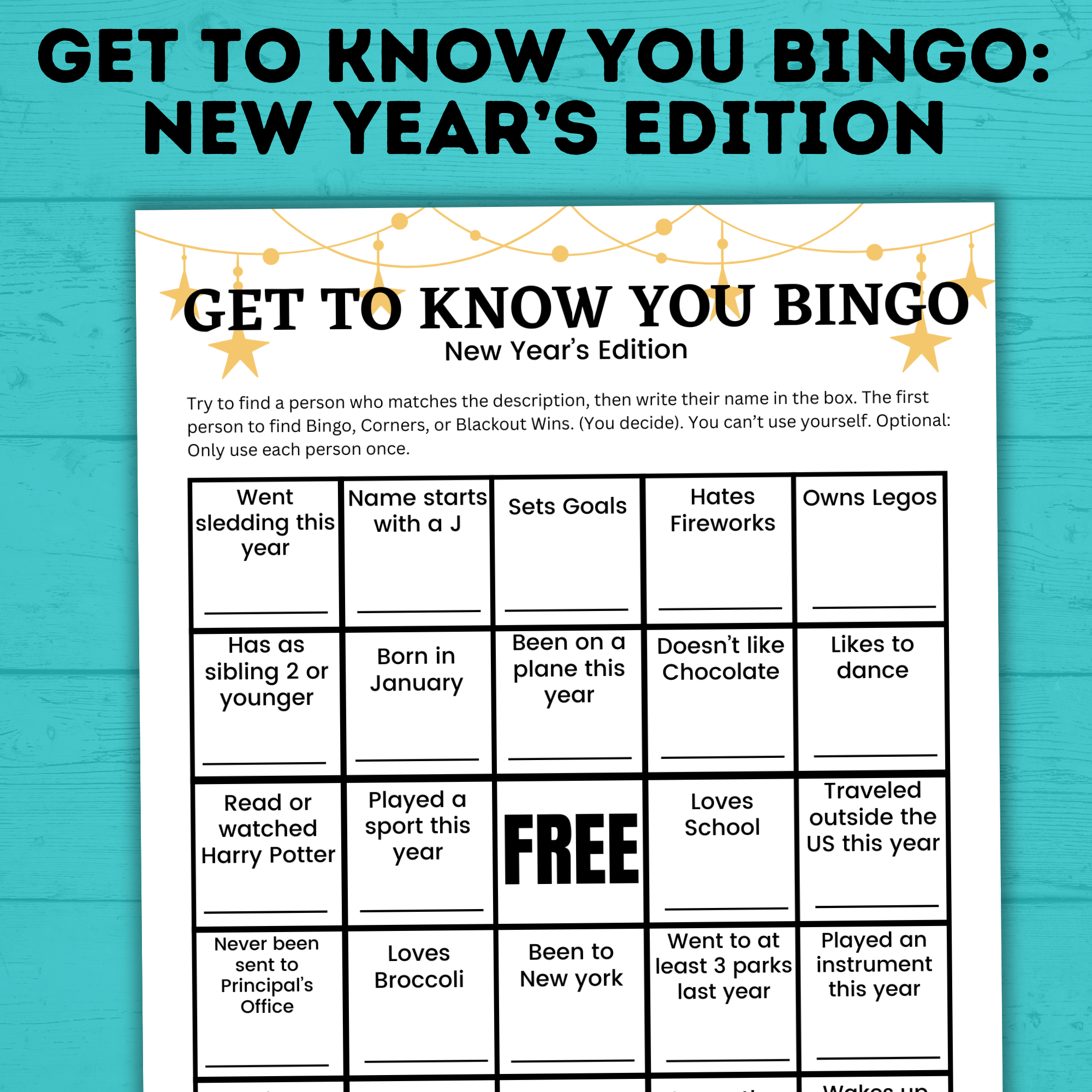 Kid's Bingo | New Year's Eve Bingo | Bingo for Kids | Get to Know you Bingo | Kids Games | New Year's Eve games | Party Games | NYE