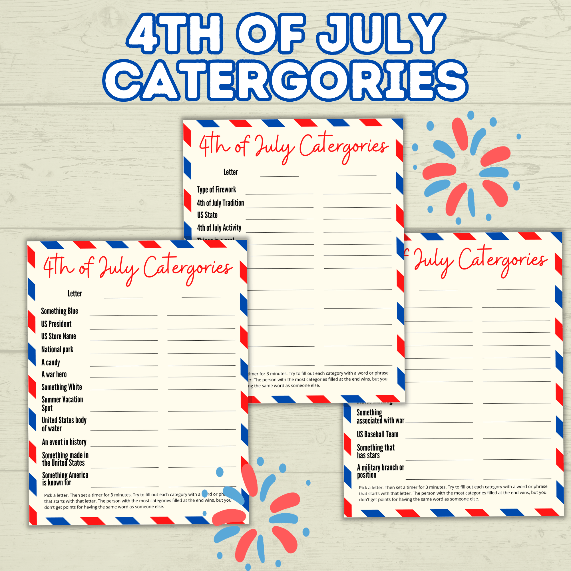 4th of July Game, Category Game fourth of July, Summer Games, Family Games, Party Games, Patriotic Trivia Game, Independence Day Games