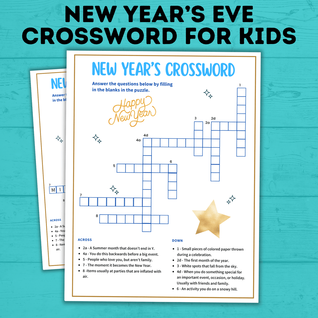 New Year's Eve Crossword for Kids | Kids Games | Kids Crosswords | Kids Puzzles | New Year's Eve Games for Kids | NYE Printables | Party
