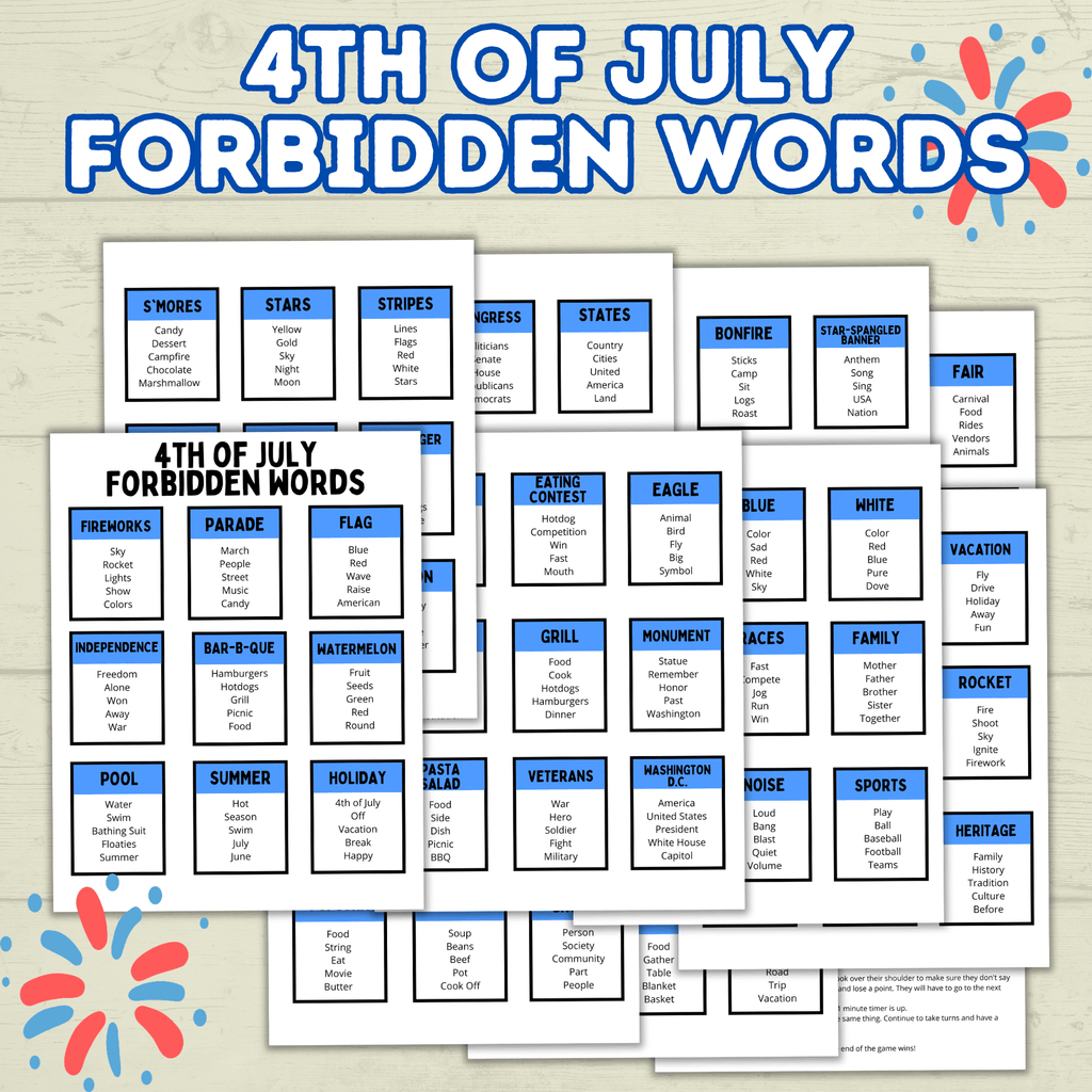 4th of July Forbidden Words Games for Adults and Kids, 4th of July Activity, Patriotic Games, Summer BBQ family games, Independence Day,