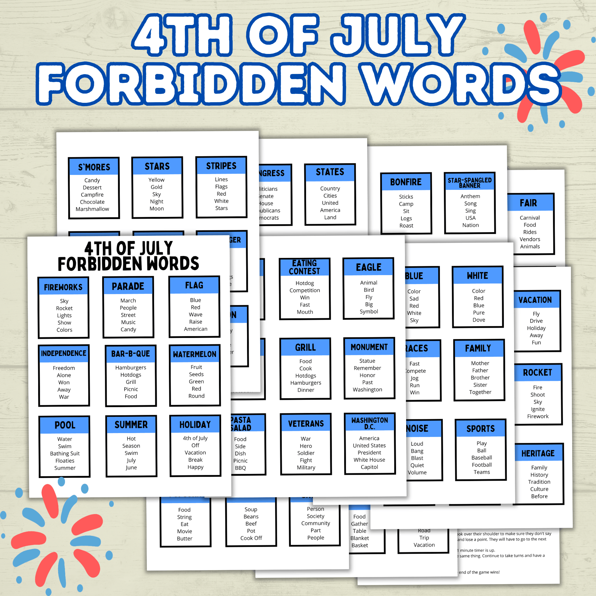 4th of July Forbidden Words Games for Adults and Kids, 4th of July Activity, Patriotic Games, Summer BBQ family games, Independence Day,