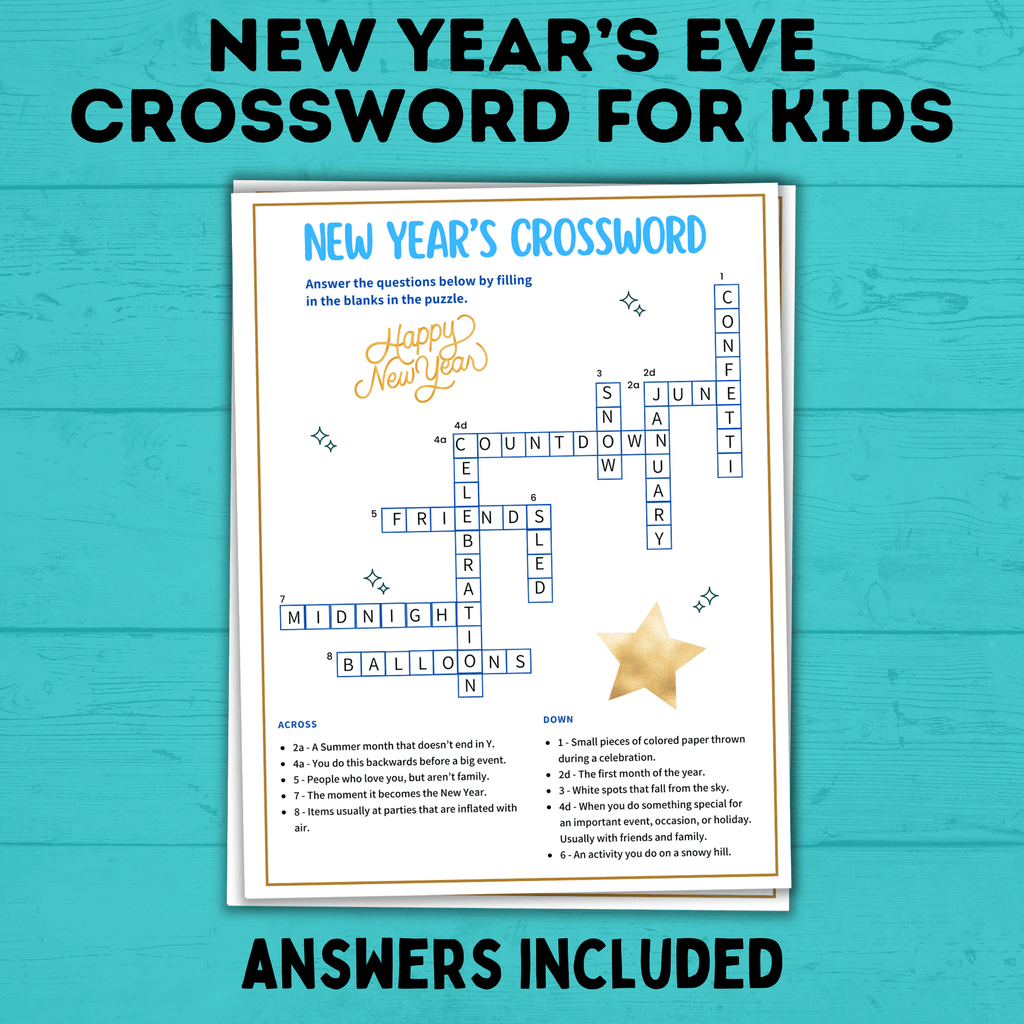 New Year's Eve Crossword for Kids | Kids Games | Kids Crosswords | Kids Puzzles | New Year's Eve Games for Kids | NYE Printables | Party