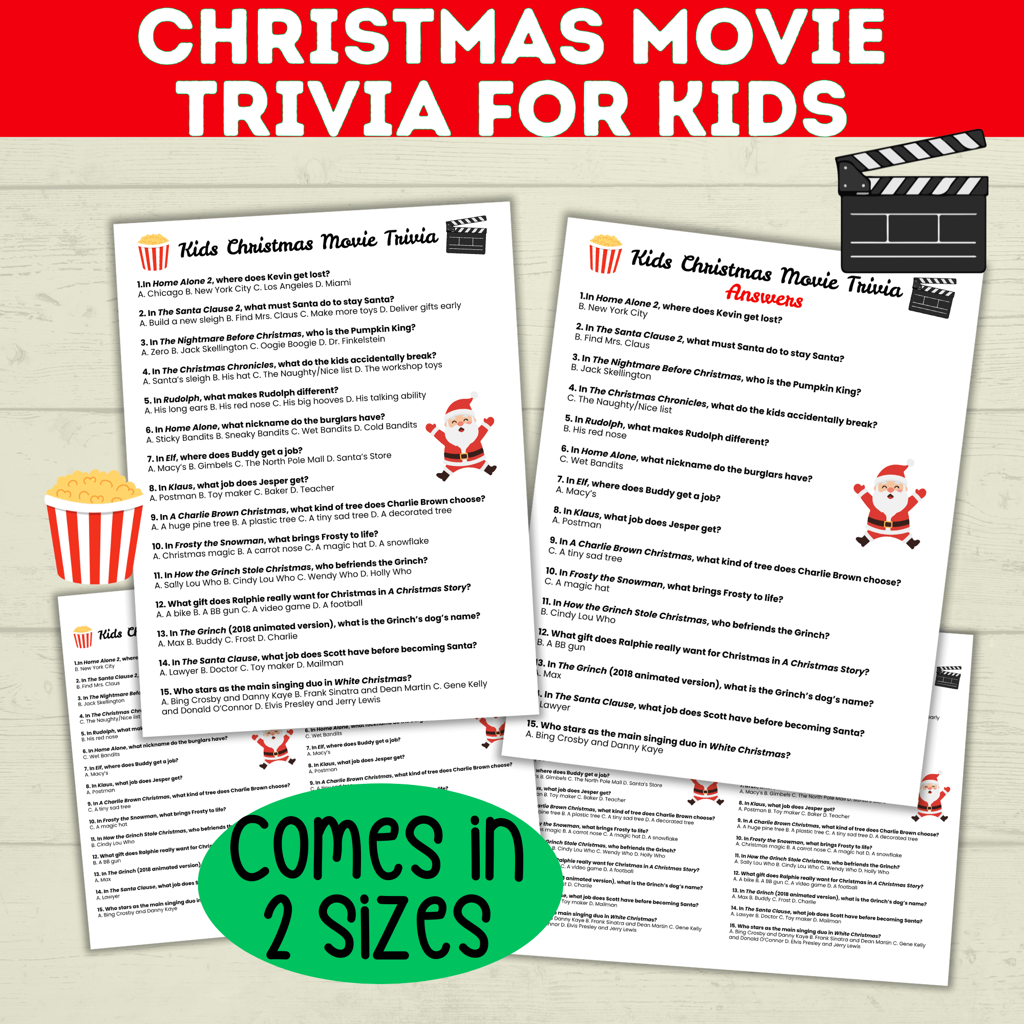 Christmas Movie Trivia for Kids, Holiday Games, Movie quiz, Printable