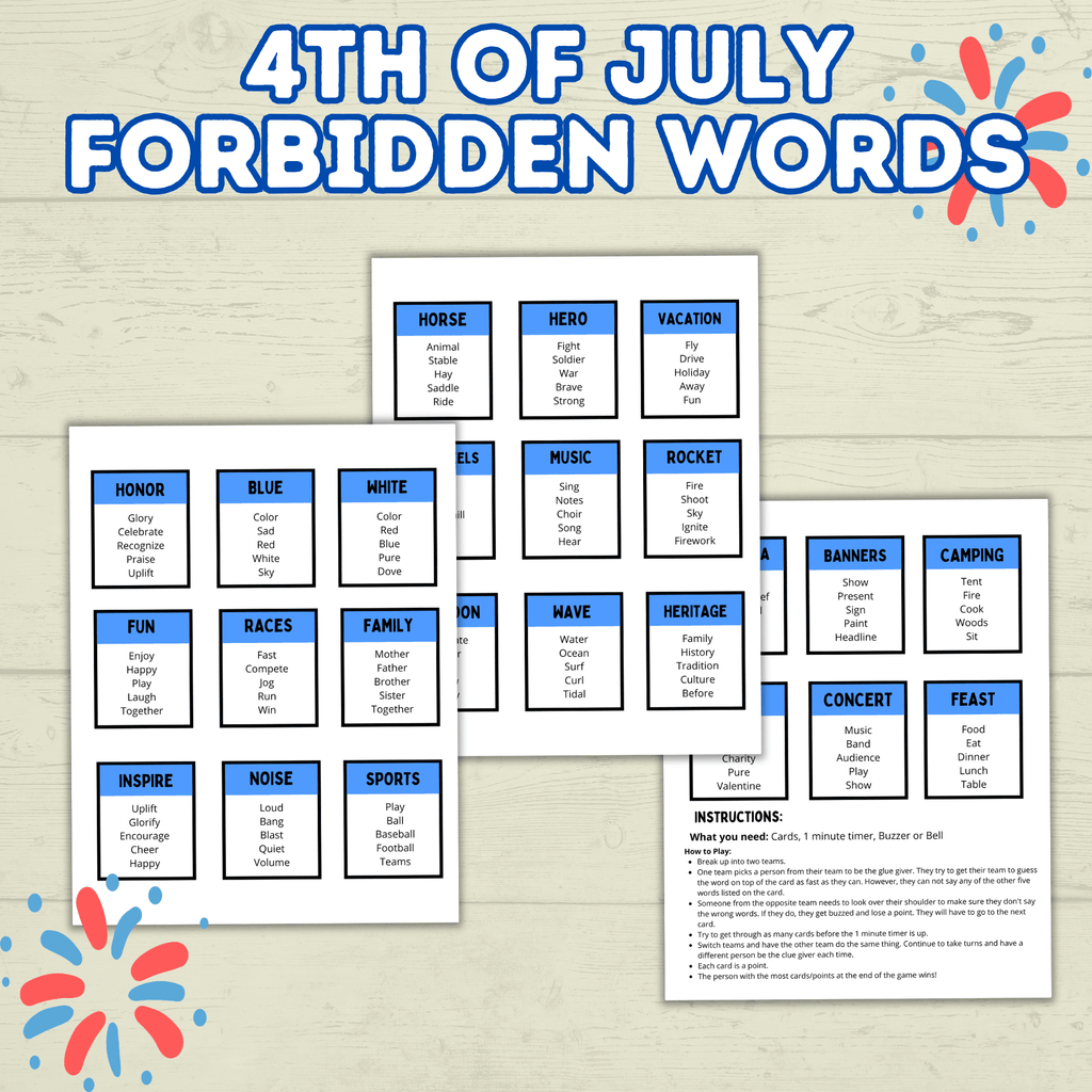 4th of July Forbidden Words Games for Adults and Kids, 4th of July Activity, Patriotic Games, Summer BBQ family games, Independence Day,