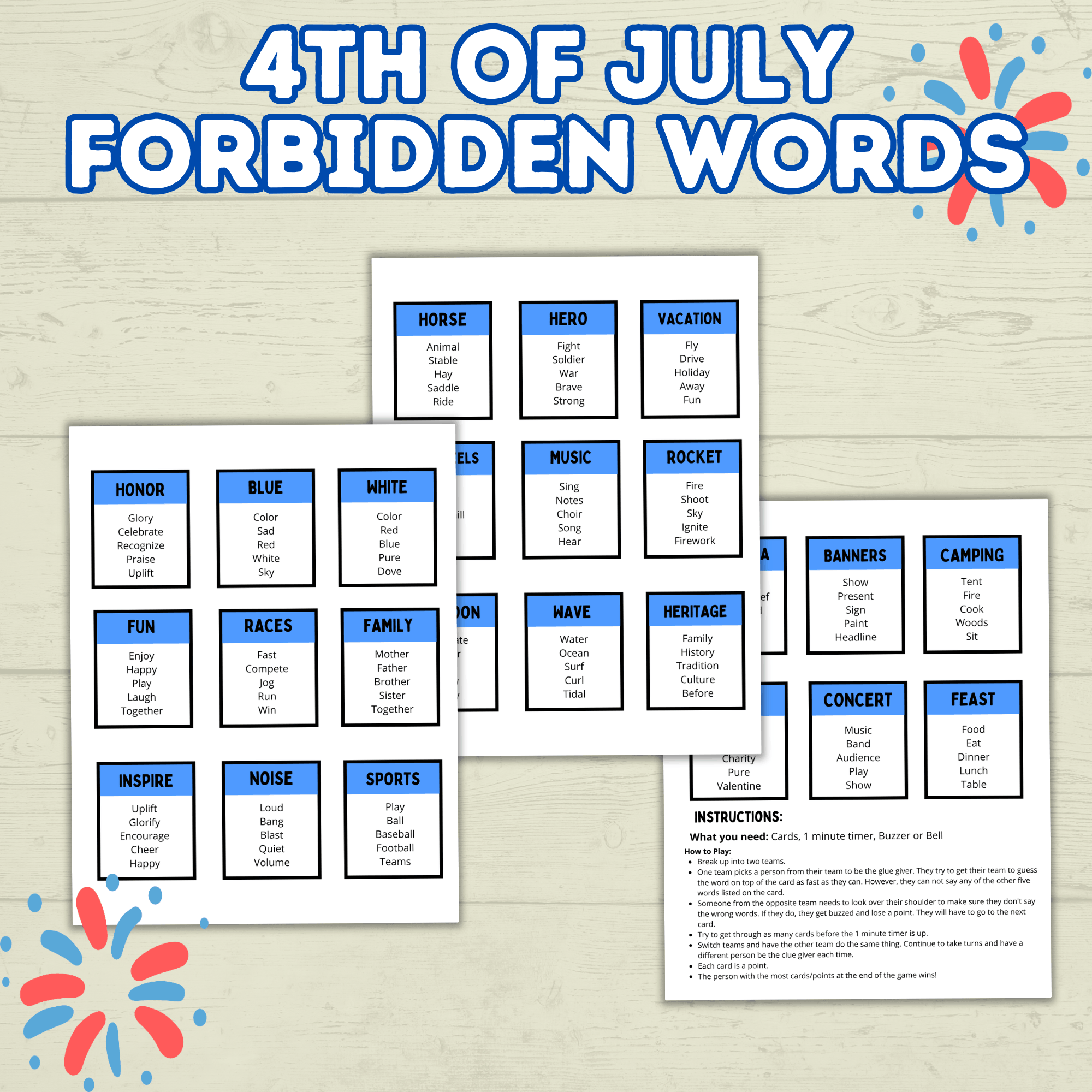 4th of July Forbidden Words Games for Adults and Kids, 4th of July Activity, Patriotic Games, Summer BBQ family games, Independence Day,