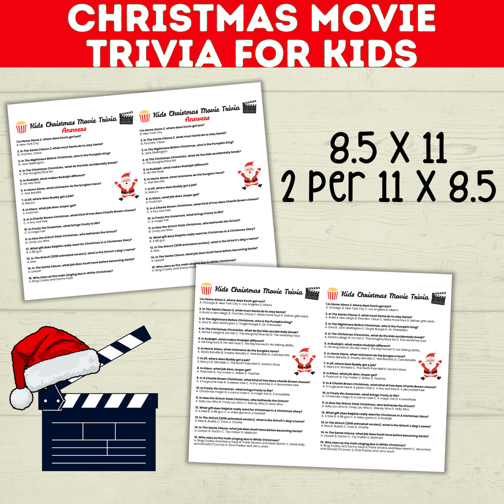 Christmas Movie Trivia for Kids, Holiday Games, Movie quiz, Printable