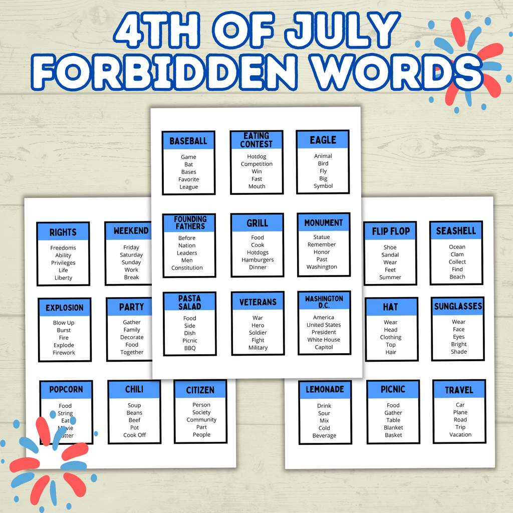 4th of July Forbidden Words Games for Adults and Kids, 4th of July Activity, Patriotic Games, Summer BBQ family games, Independence Day,