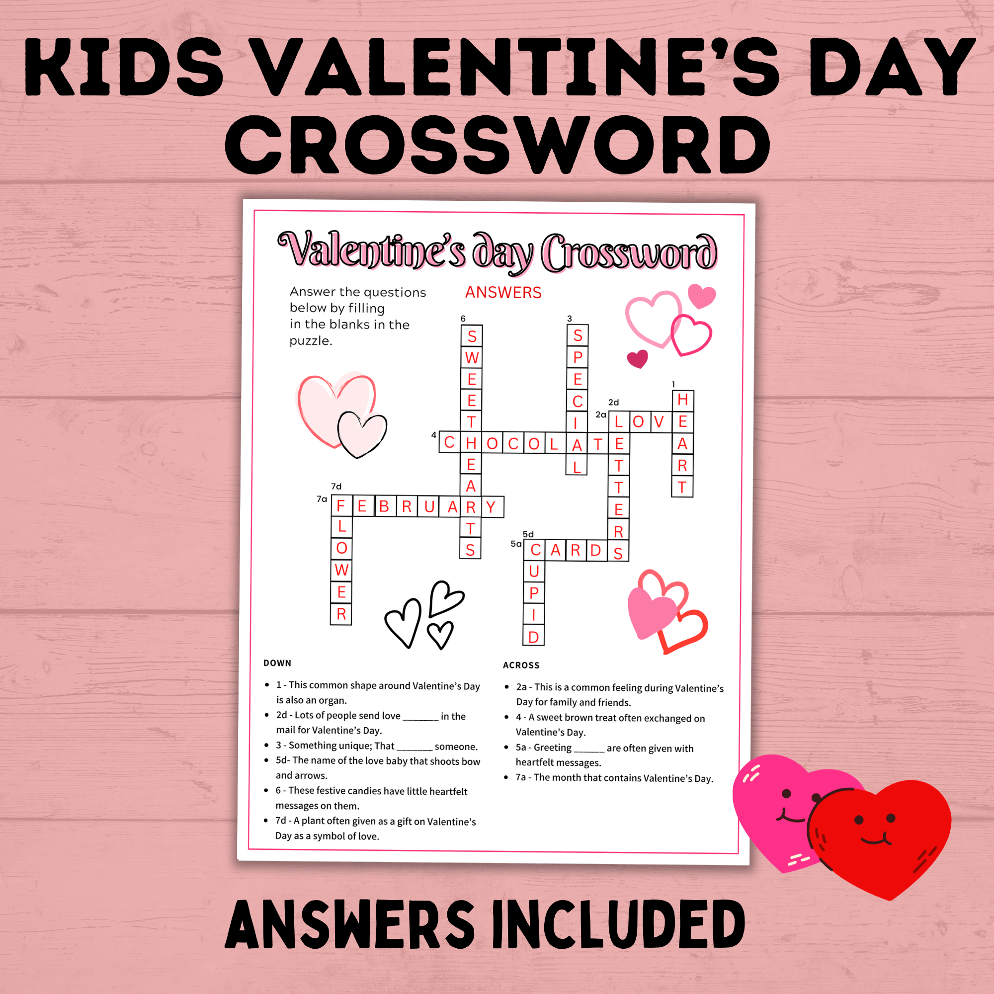 Valentine's Day Crosswords for Kids | Kids Games | Kids Activities | Valentine's Day Printables | Valentine's Day Games | PDF download