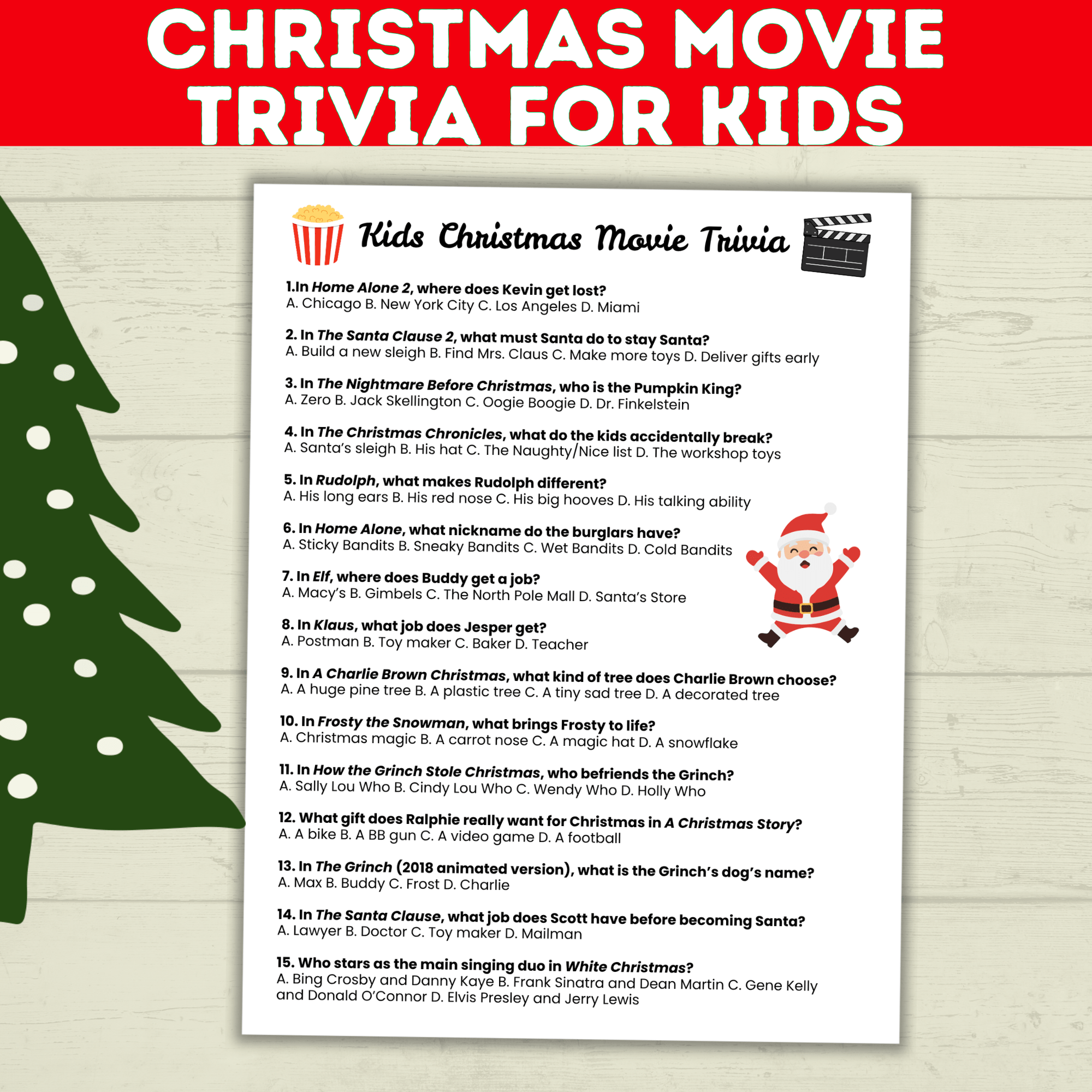 Christmas Movie Trivia for Kids, Holiday Games, Movie quiz, Printable