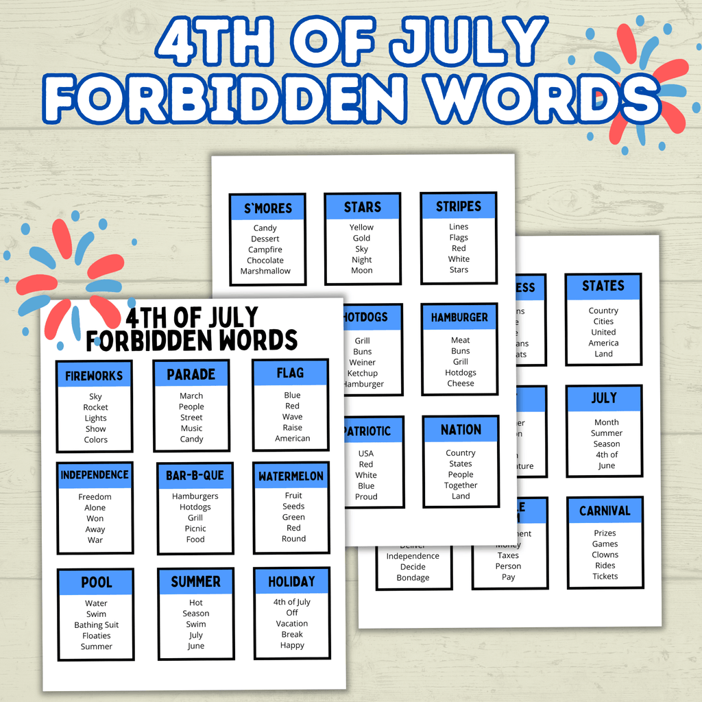 4th of July Forbidden Words Games for Adults and Kids, 4th of July Activity, Patriotic Games, Summer BBQ family games, Independence Day,