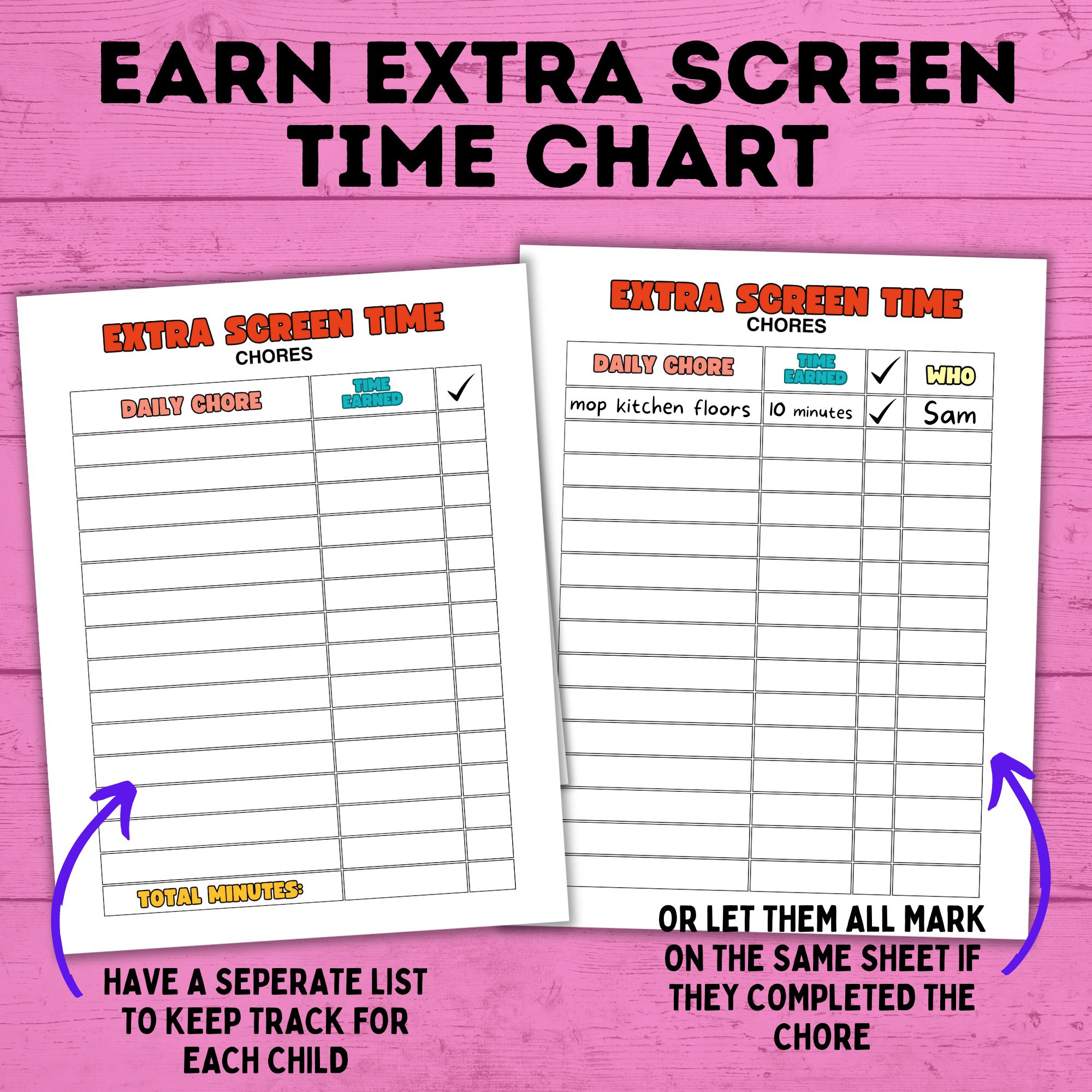 Chore Chart | Earn Screen Time Chart | Screen Time Chart | TV Chart | Electronic Chart | Technology Chart | Kids Chart | Charts for Kids