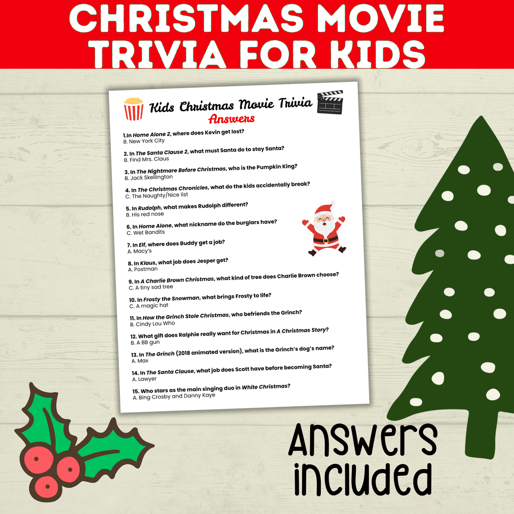 Christmas Movie Trivia for Kids, Holiday Games, Movie quiz, Printable