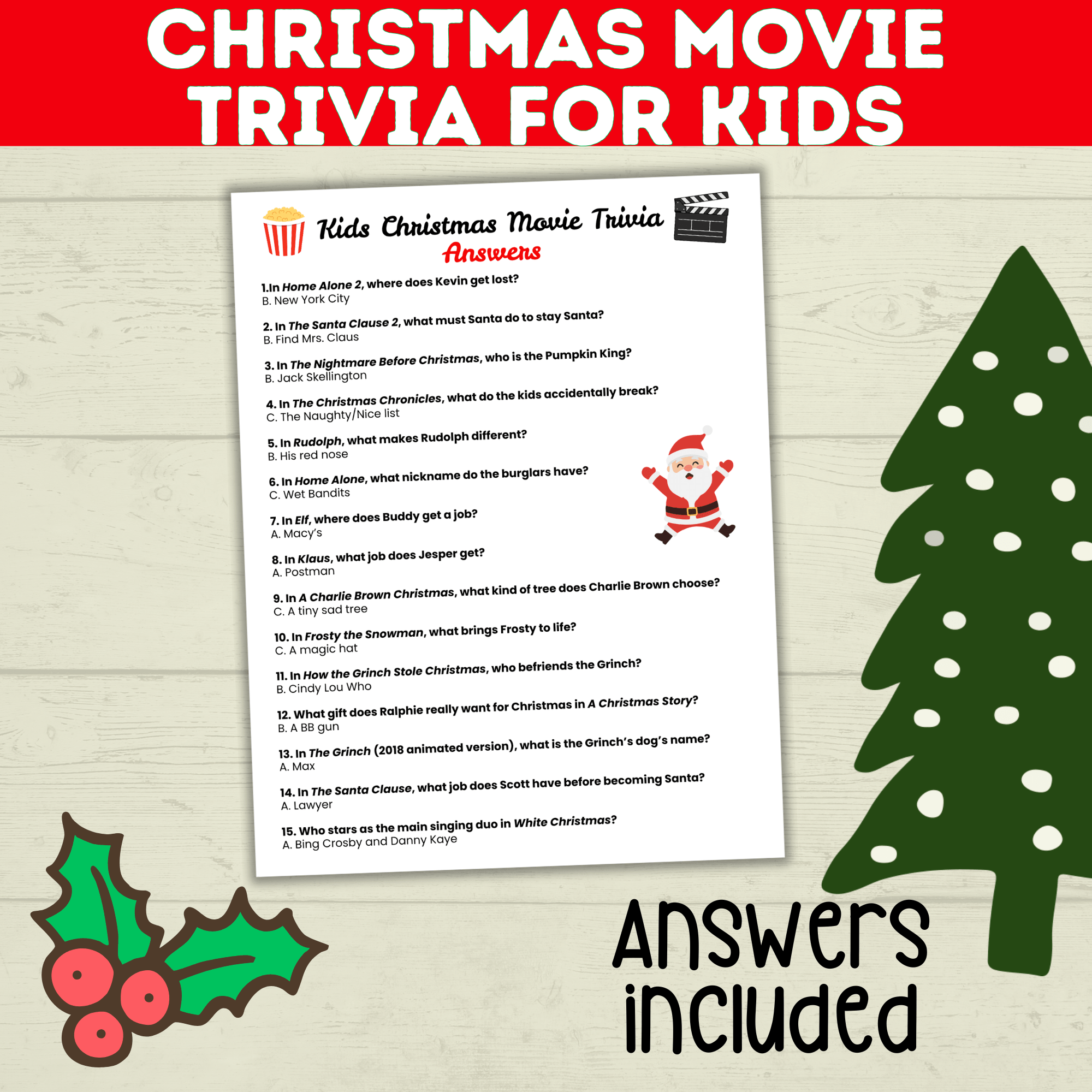 Christmas Movie Trivia for Kids, Holiday Games, Movie quiz, Printable