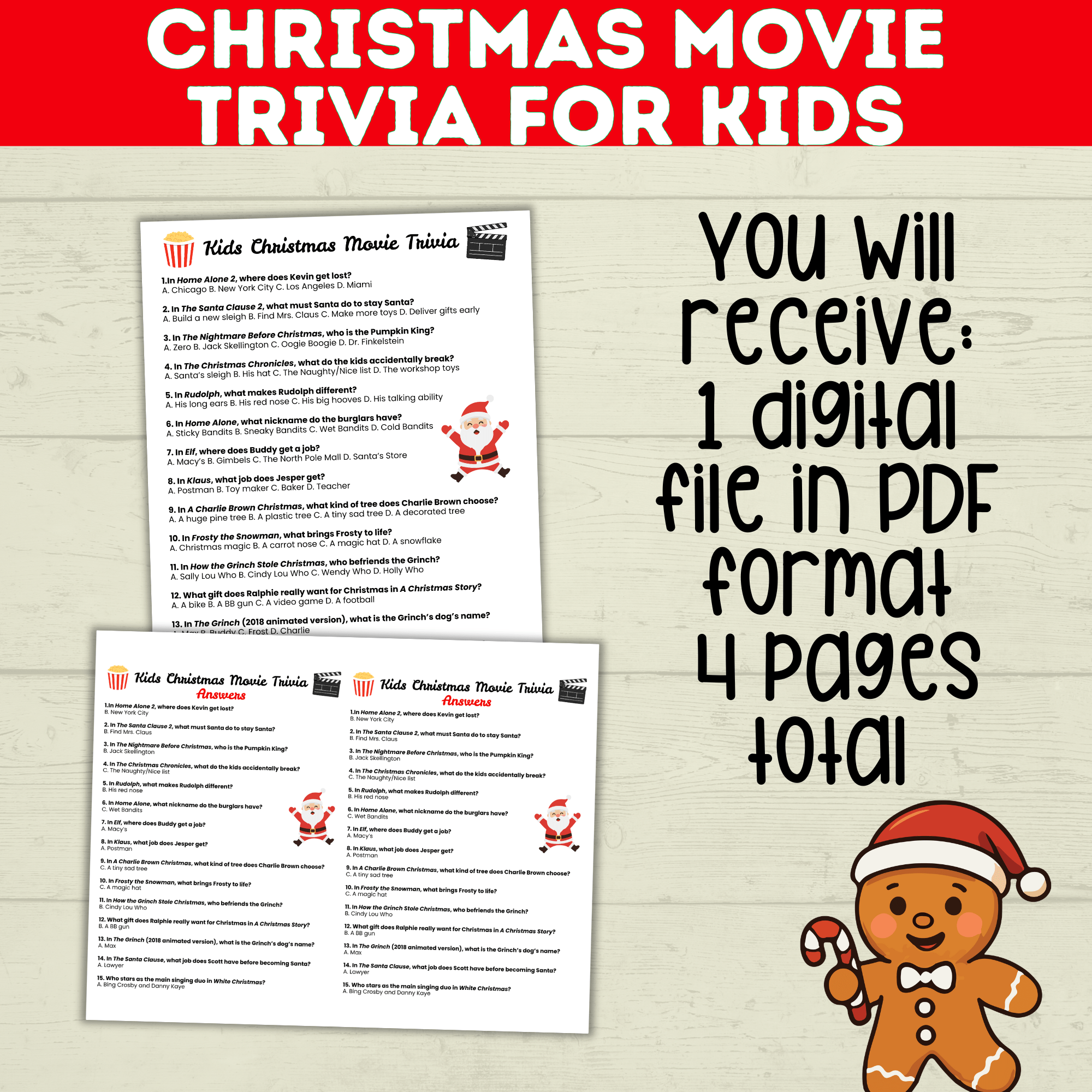 Christmas Movie Trivia for Kids, Holiday Games, Movie quiz, Printable