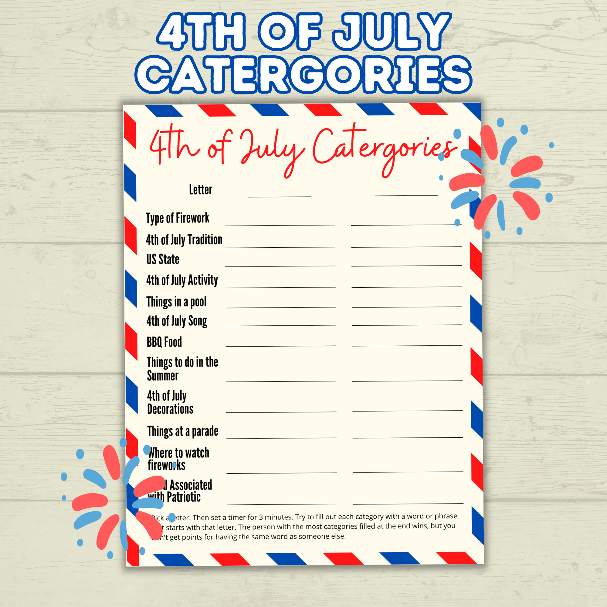 4th of July Game, Category Game fourth of July, Summer Games, Family Games, Party Games, Patriotic Trivia Game, Independence Day Games