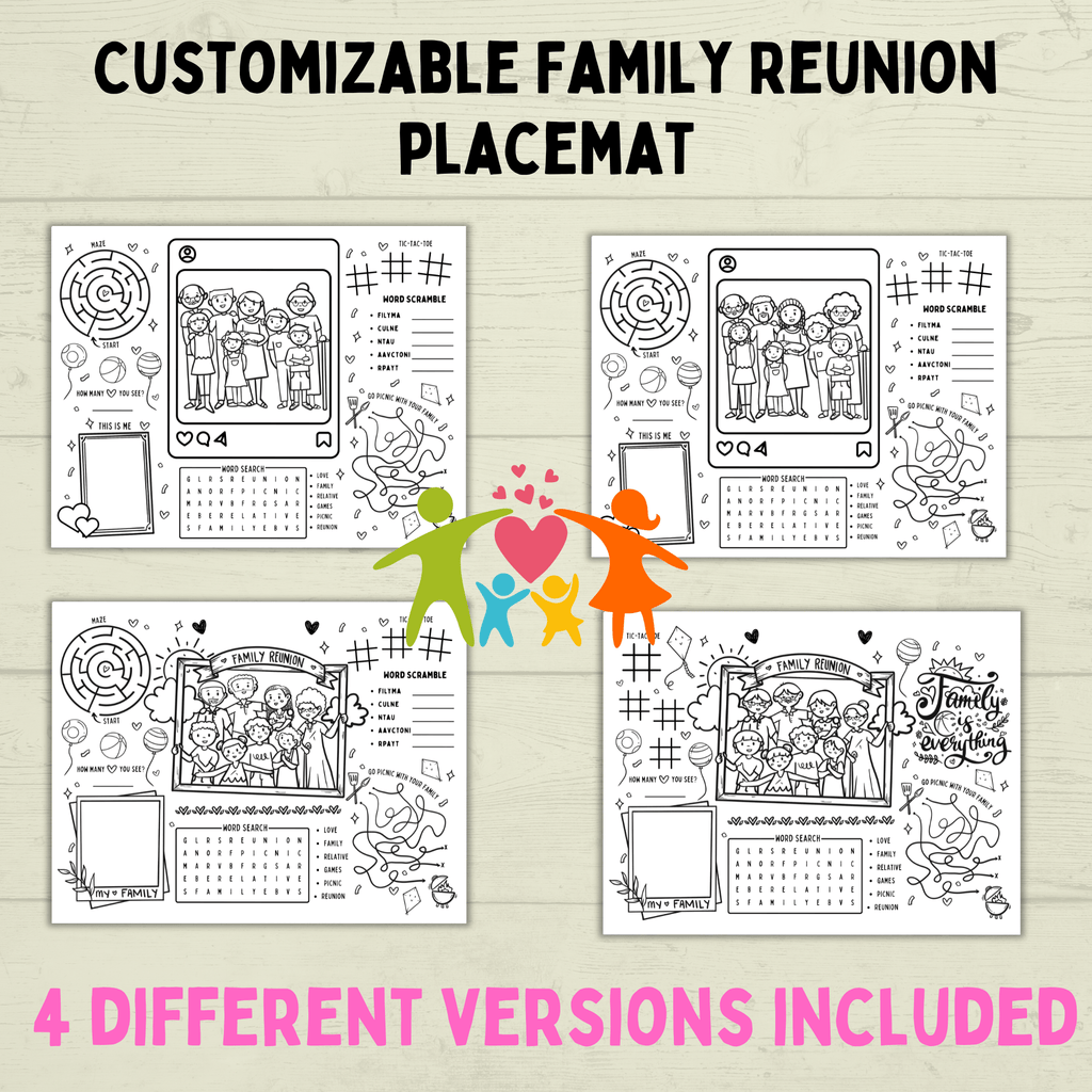 Family Reunion Activity Sheet | Family Reunion Placemat | Family Activity | Family Game | Customizable placemat | Kids Activity Sheet