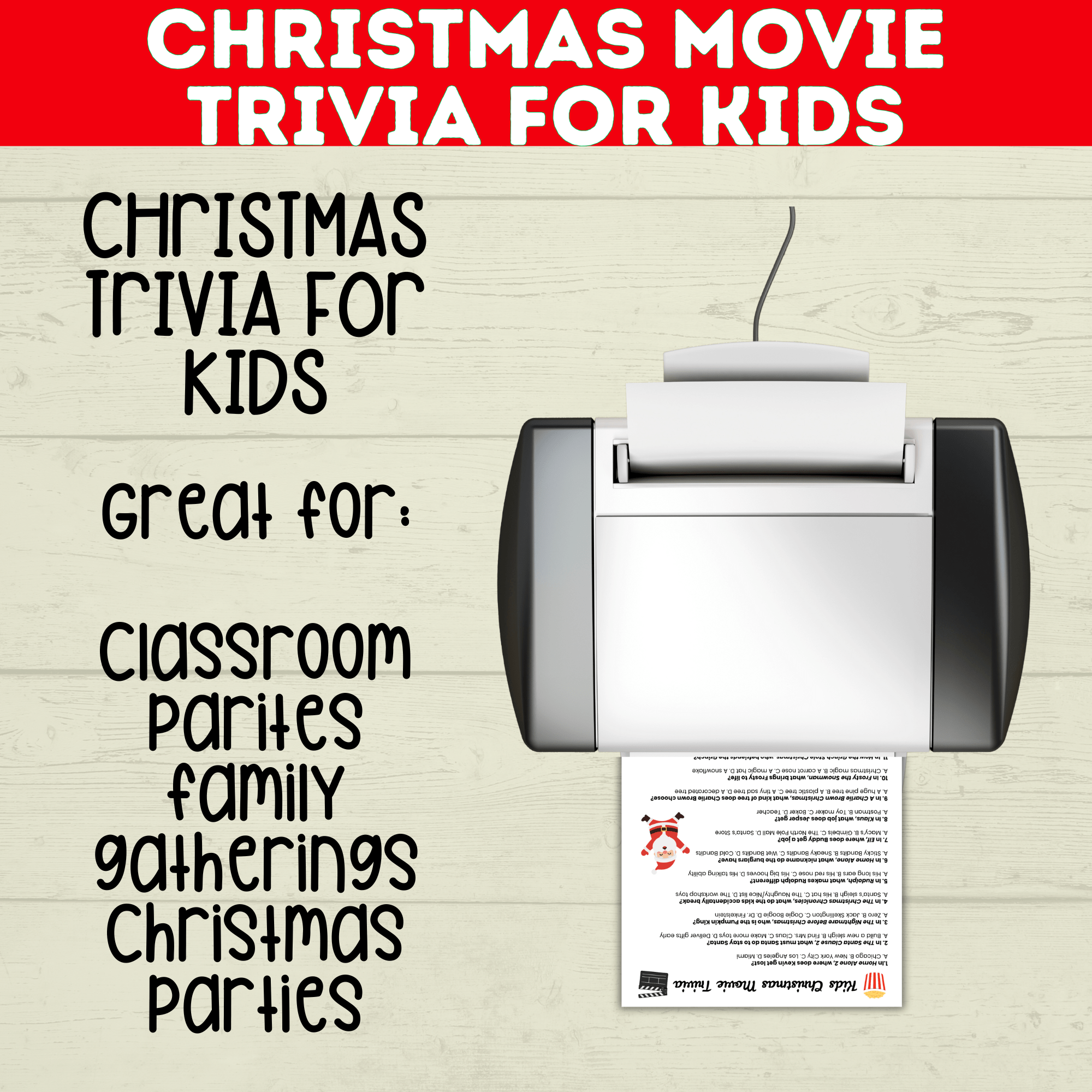 Christmas Movie Trivia for Kids, Holiday Games, Movie quiz, Printable