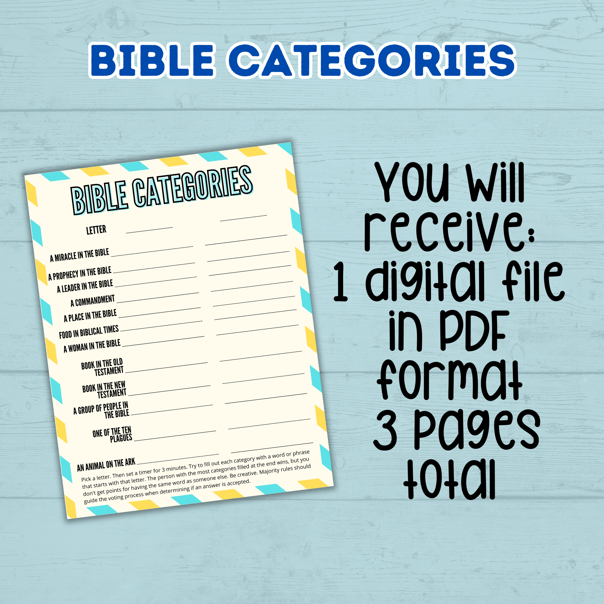 Youth Bible Games, Bible Categories, Think Fast Game, Church Game for Kids and Youth, Christian Word Sunday School Activity, Bible Study