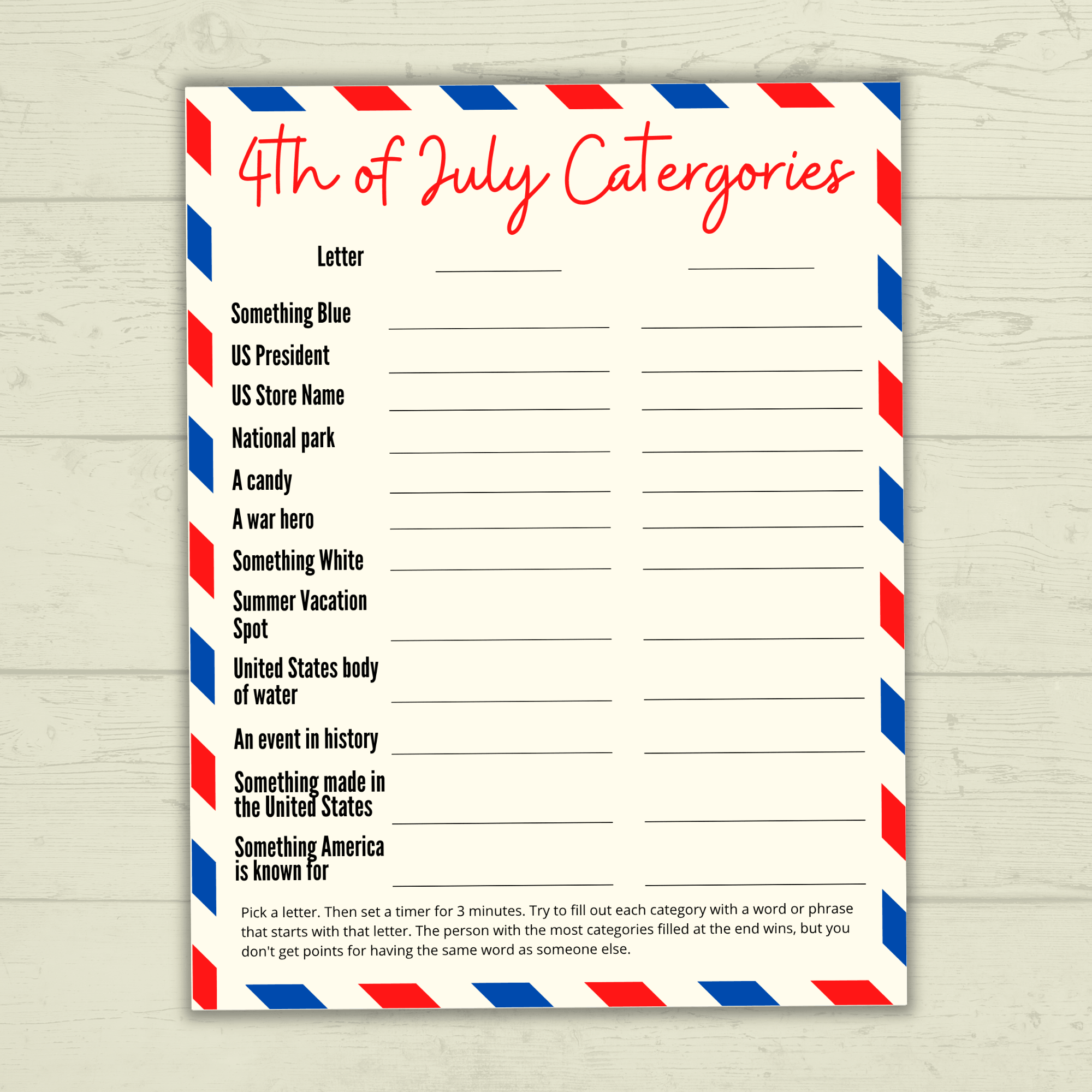 4th of July Game, Category Game fourth of July, Summer Games, Family Games, Party Games, Patriotic Trivia Game, Independence Day Games