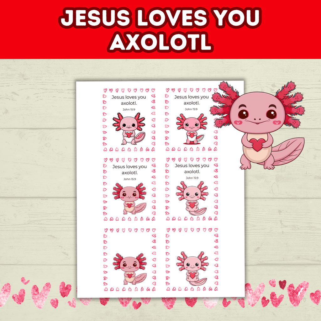 Axolotl Valentine's Day Cards for Kids Gifts, Classroom Valentines, Christian Valentines