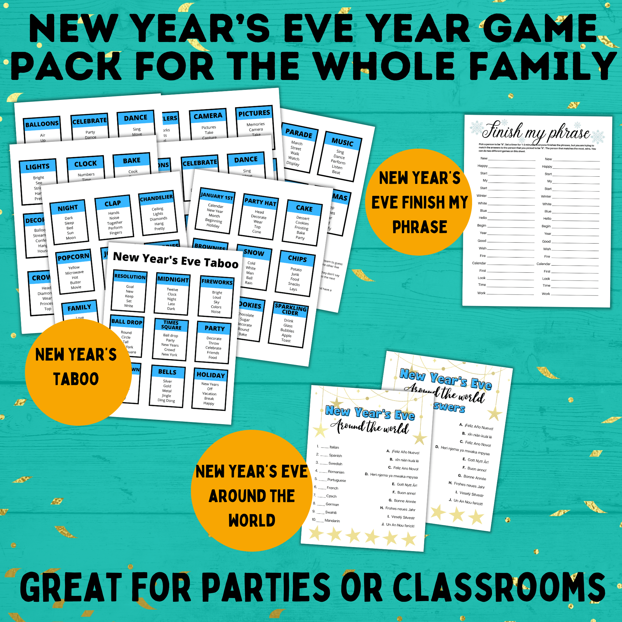 New Year's Eve Game Pack for the Whole Family | New Year's Games | Kids Games | Family Games | New Year's Eve Pictionary | Games for Kids