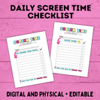 Daily Screen Time Checklist | Checklist for Kids | Screen Time Reward Chart | Chore Chart | TV Chart | Daily Checklist | Fillable PDF