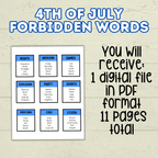 4th of July Forbidden Words Games for Adults and Kids, 4th of July Activity, Patriotic Games, Summer BBQ family games, Independence Day,