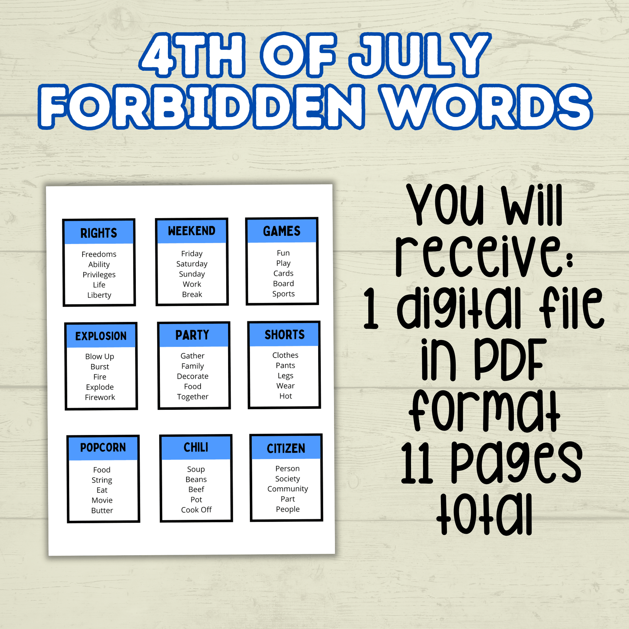 4th of July Forbidden Words Games for Adults and Kids, 4th of July Activity, Patriotic Games, Summer BBQ family games, Independence Day,