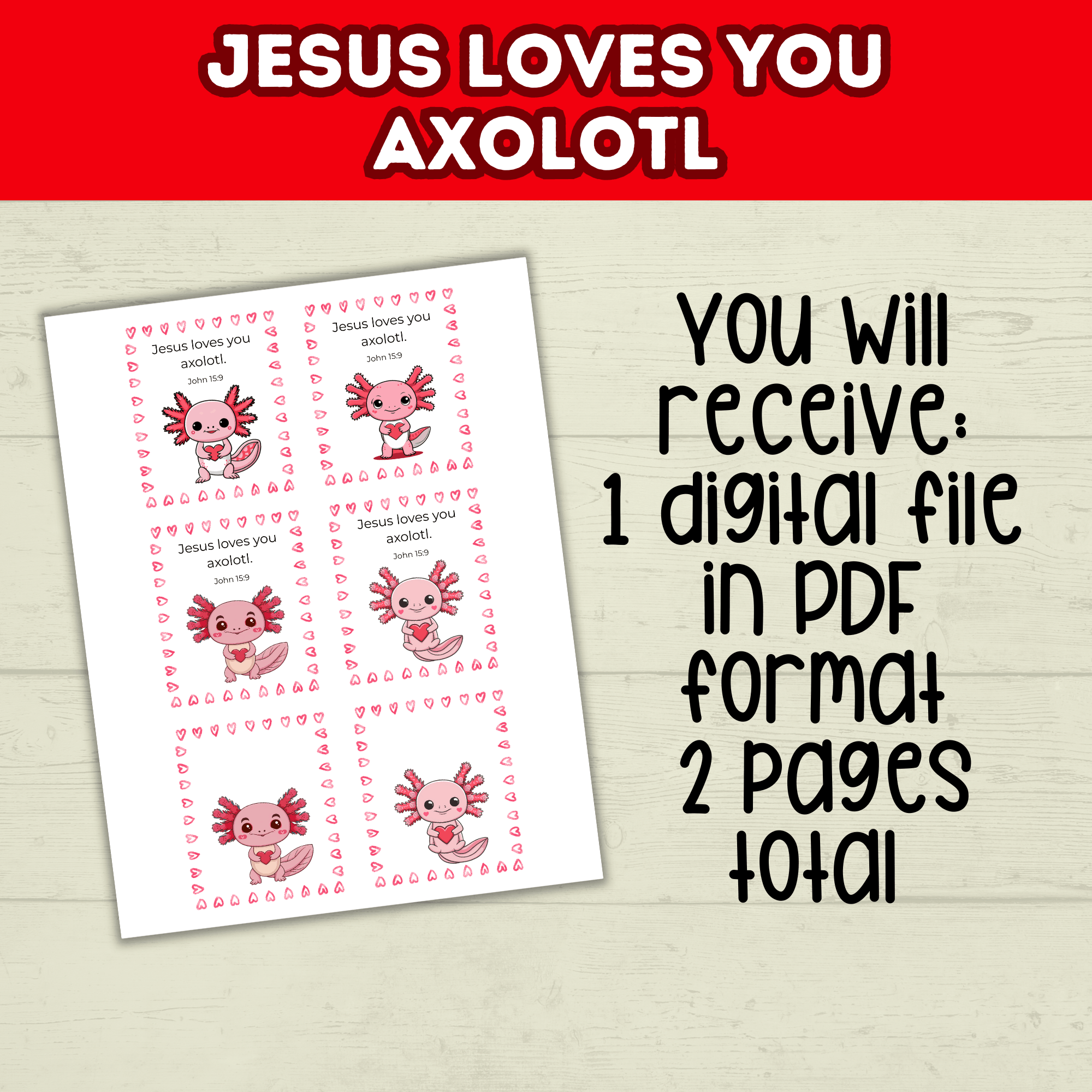 Axolotl Valentine's Day Cards for Kids Gifts, Classroom Valentines, Christian Valentines