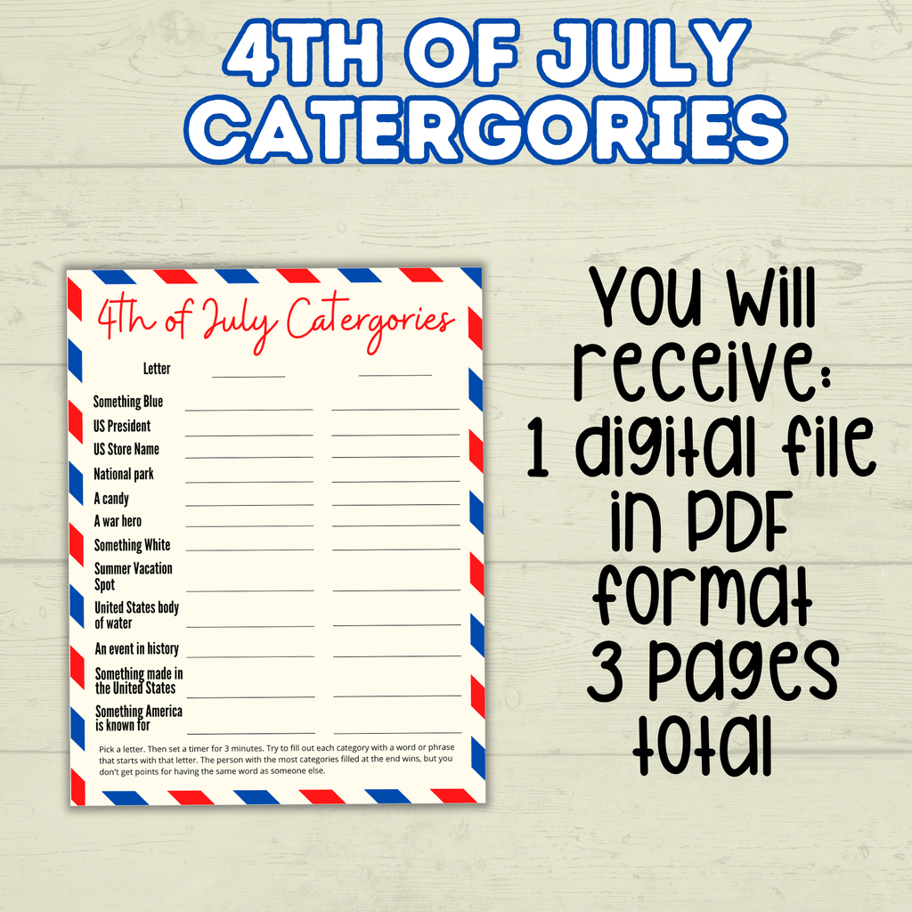 4th of July Game, Category Game fourth of July, Summer Games, Family Games, Party Games, Patriotic Trivia Game, Independence Day Games