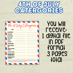 4th of July Game, Category Game fourth of July, Summer Games, Family Games, Party Games, Patriotic Trivia Game, Independence Day Games