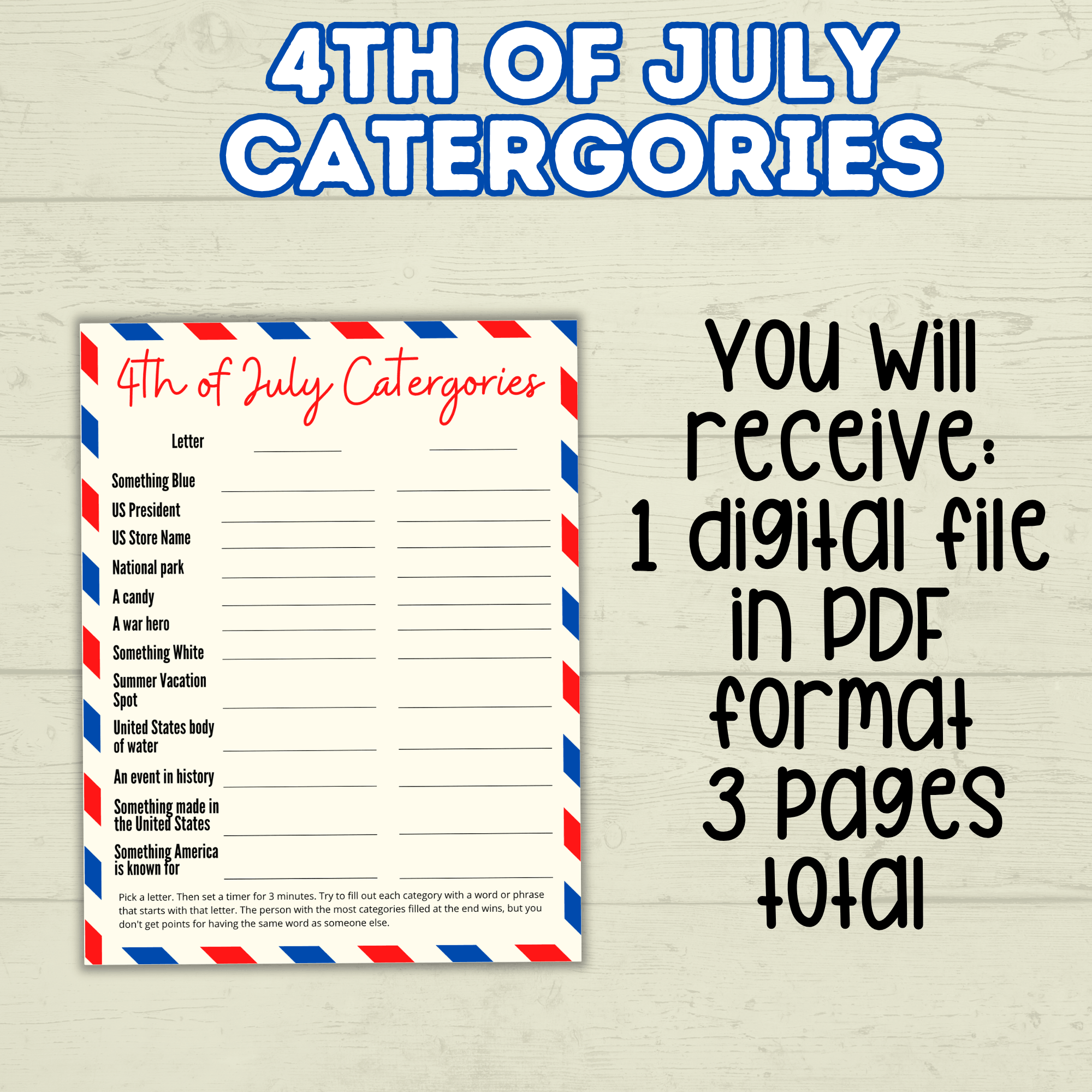 4th of July Game, Category Game fourth of July, Summer Games, Family Games, Party Games, Patriotic Trivia Game, Independence Day Games
