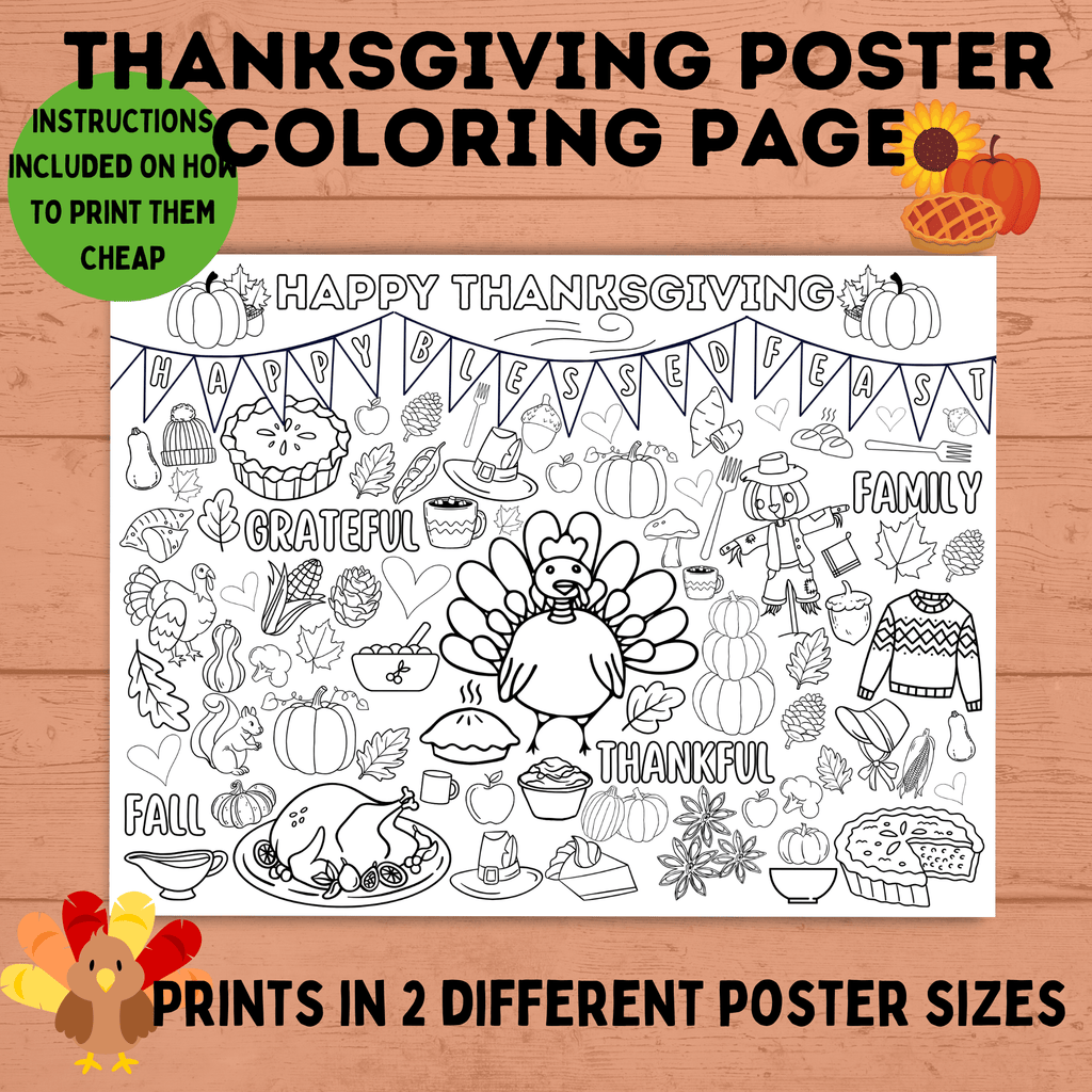 Thanksgiving Coloring Poster for Kids | Poster for Kids | Thanksgiving Activities for Kids | 18 x 24 and 30 x 42 | Thanksgiving Tablecloth